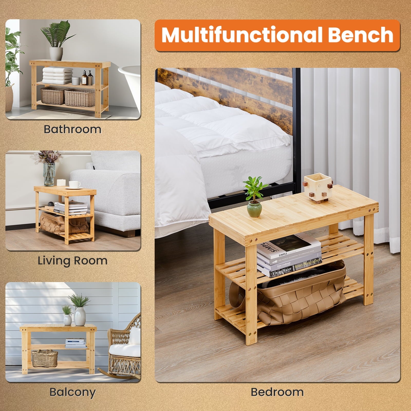 Bamboo Shoe Bench for Entryway, 3-Tier Sturdy Shoe Rack Organizer, 286Lb Weight Capacity Storage Shelf for Shoes, Per... - Image 4