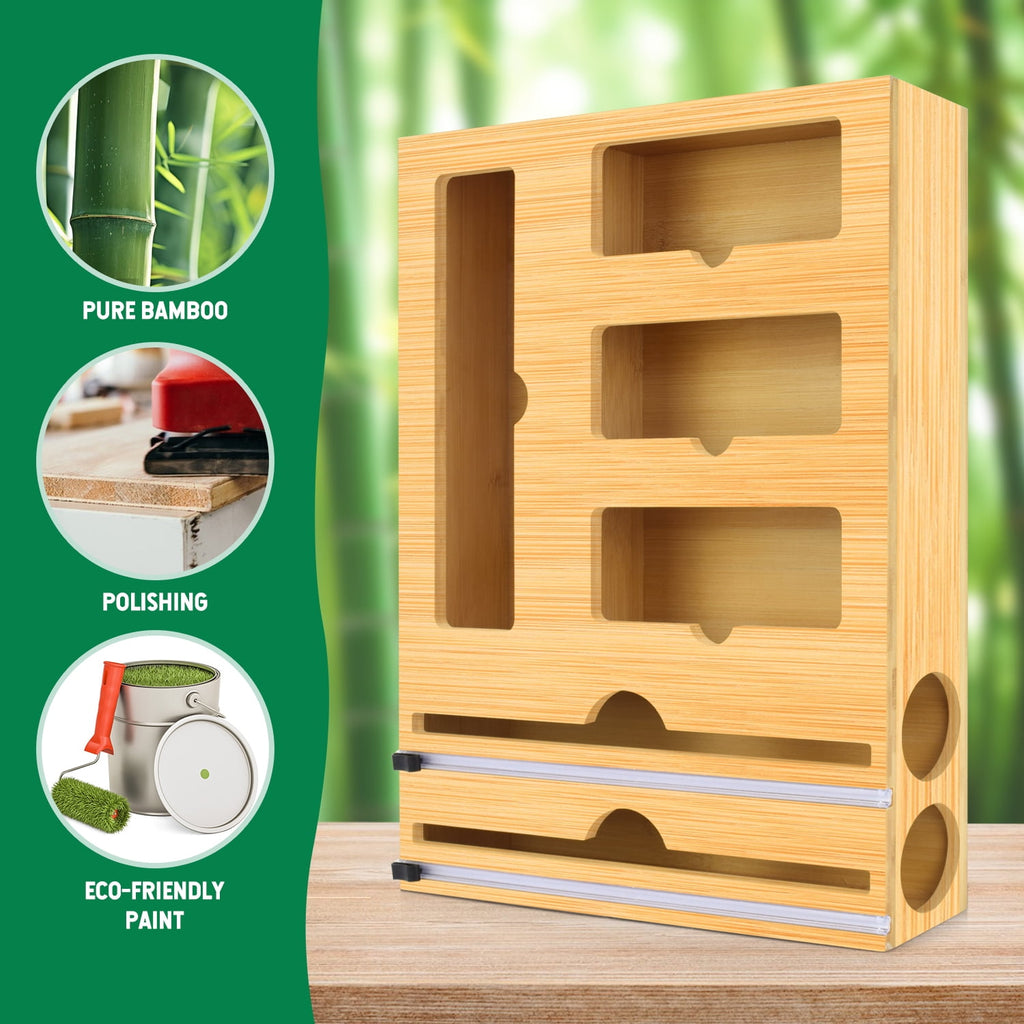 Bag Storage Organizer for Kitchen Drawer, 6 in 1 Foil and Plastic Wrap Dispenser with Cutter, Bamboo Plastic Bag Food... - Image 4