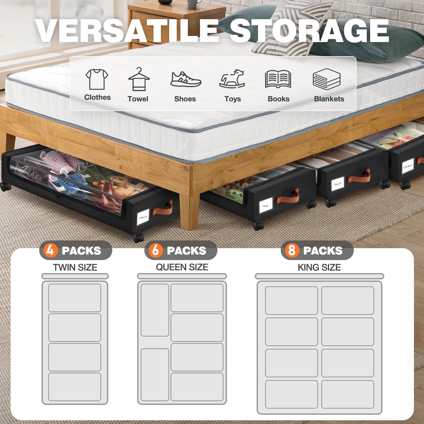 Livhil Under Bed Storage with Wheels, 2Pack Under Bed Storage Containers, Under Bed Shoe Storage and Bins (Black) - Image 4