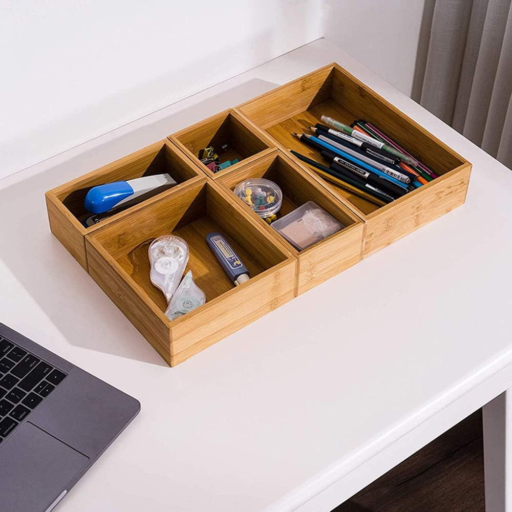Bamboo Drawer Organizer with Adjustable Wood 2 Drawer Dividers, Stackable Makeup Desk Junk Storage Boxes Container Tr... - Image 3