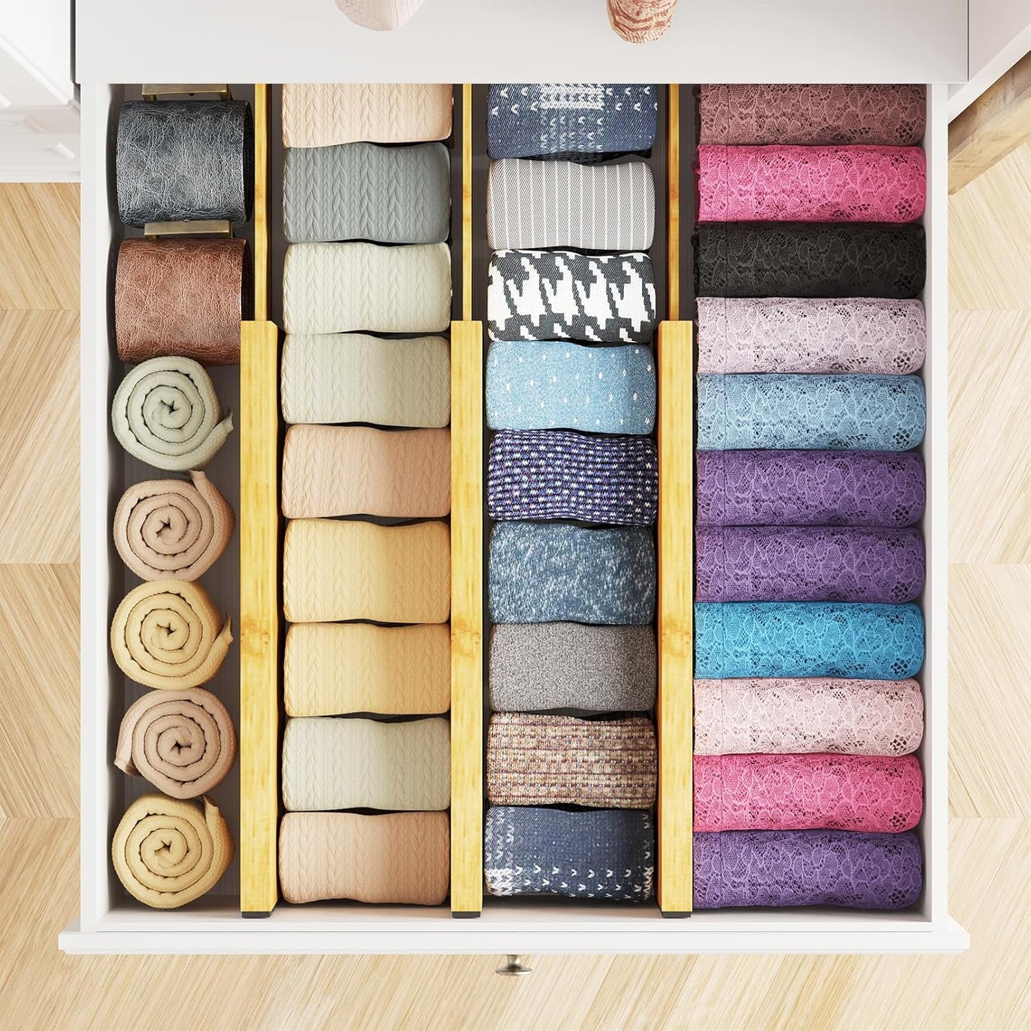 Bamboo Dresser Drawer Dividers 6 Pack, 4.65“ High Adjustable 12.5“-17” Drawer Organizers for Clothing - Image 3