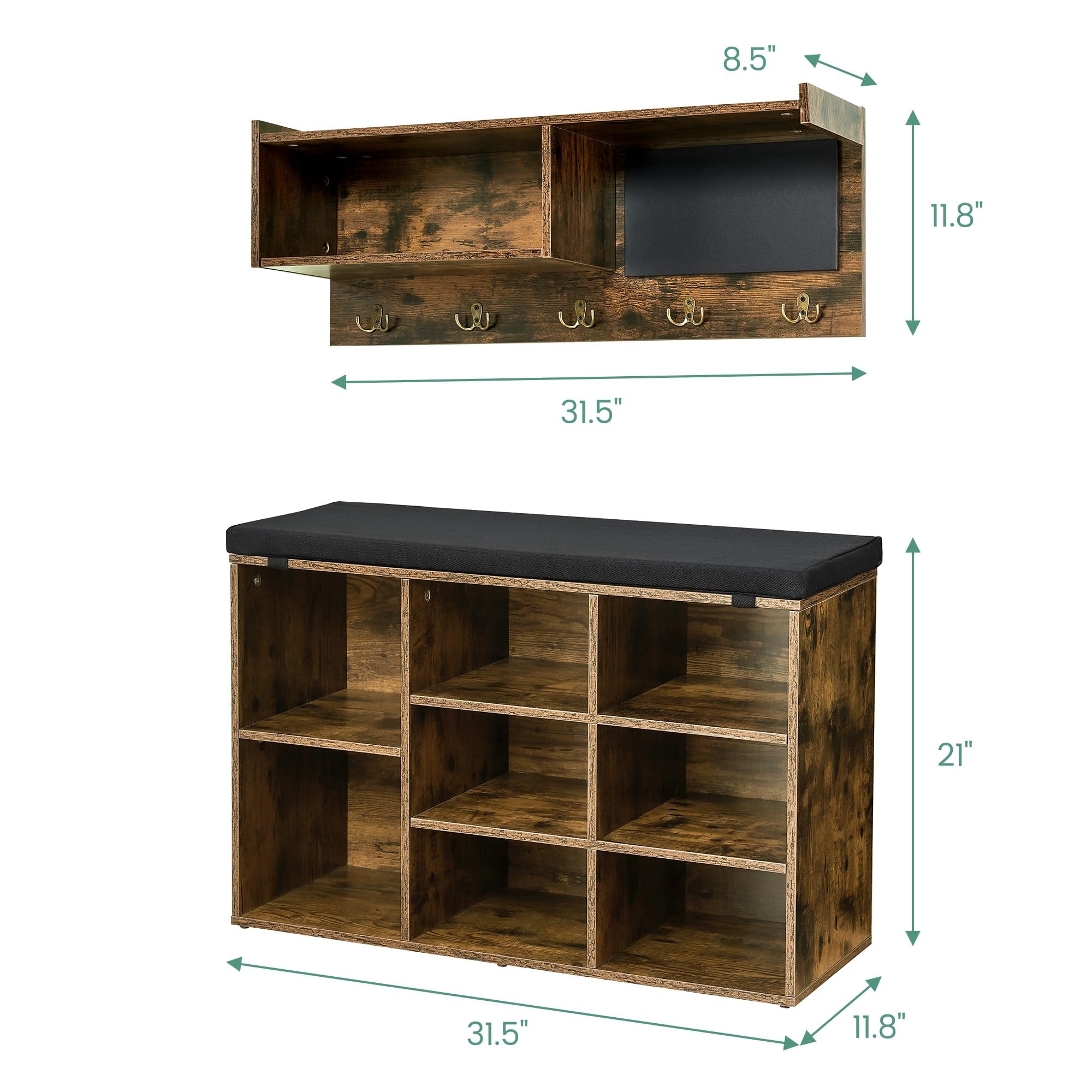 TROPOW Hall Tree Shoe Bench Industrial 6 in 1 Coat/Shoe Rack with 5 Hooks, 9 Storage Cubbies with Bookshelf and Small... - Image 5