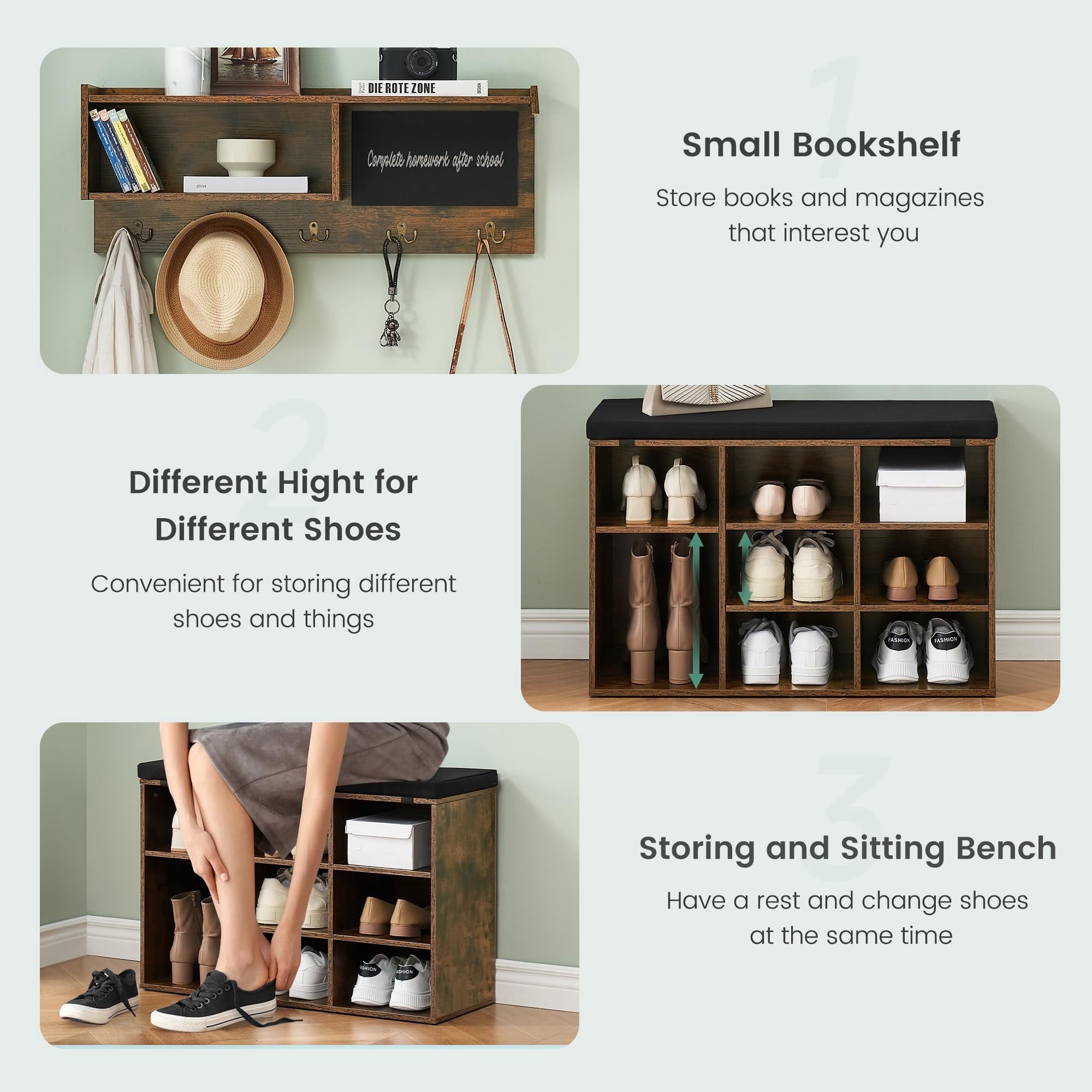 TROPOW Hall Tree Shoe Bench Industrial 6 in 1 Coat/Shoe Rack with 5 Hooks, 9 Storage Cubbies with Bookshelf and Small... - Image 4