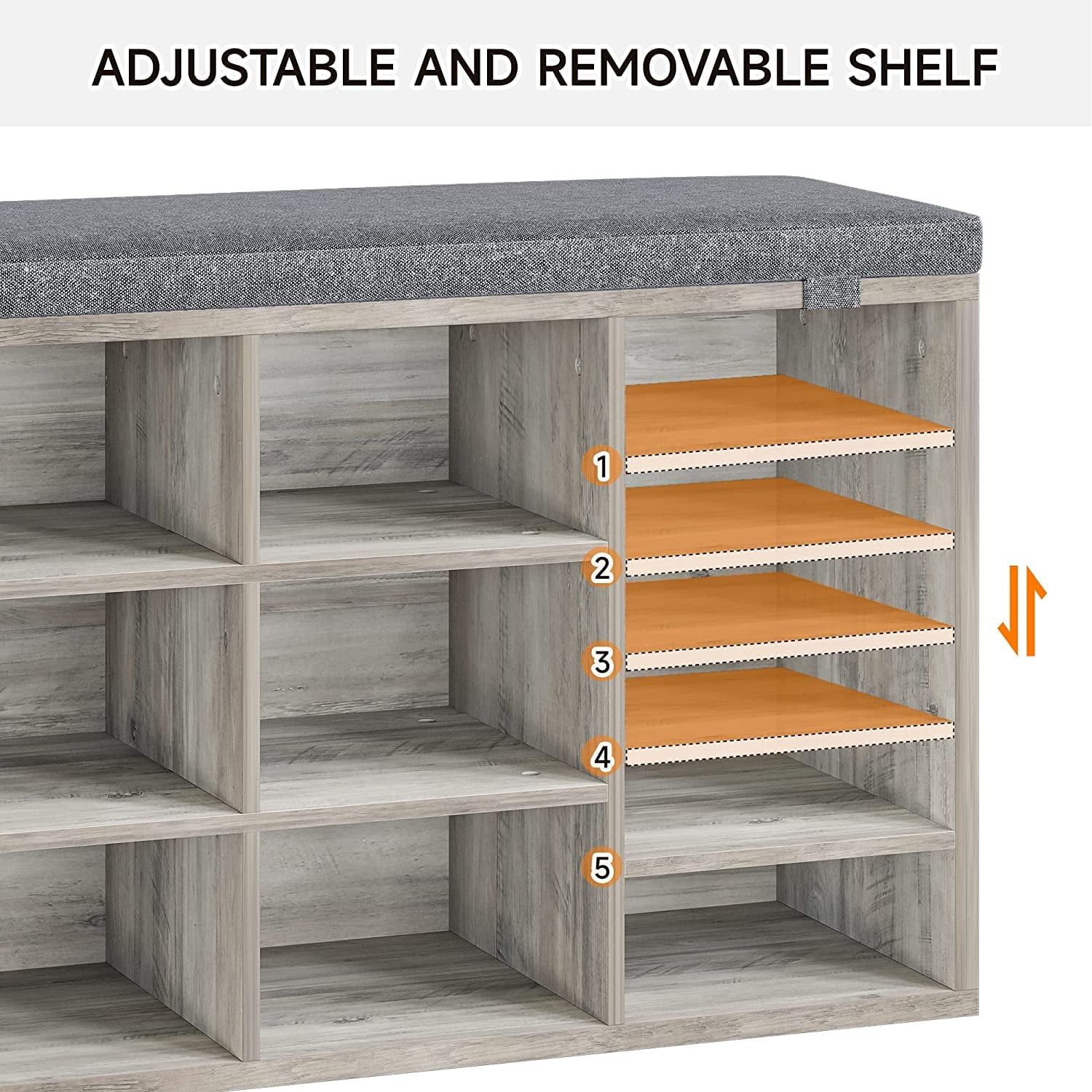 41" Bench with Padded Seat, 10 Cubes, Adjustable Shelves & Side Pockets, Entryway Organizer, Gray - Image 4