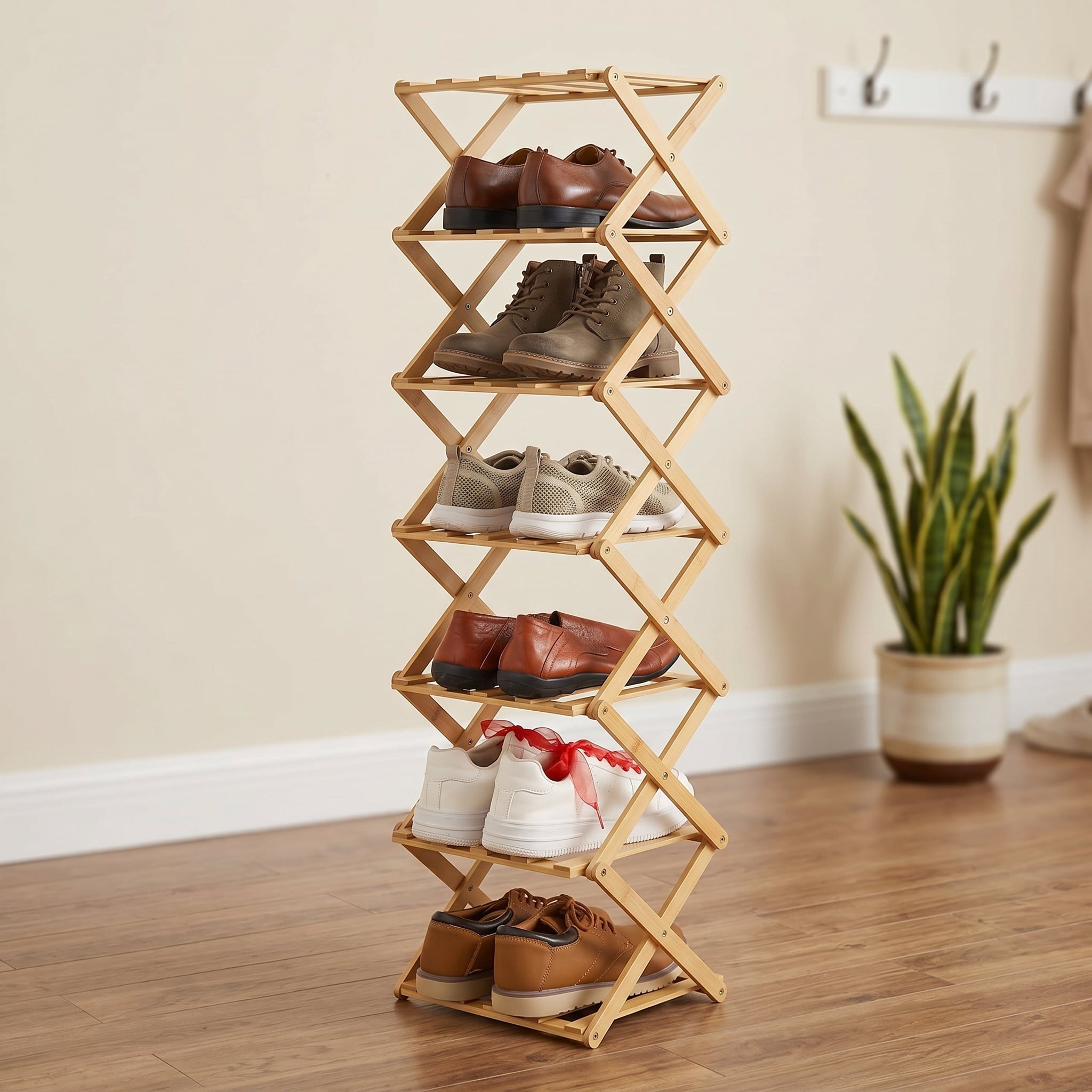 7 Tier Wooden Vertical Shoe Rack, Folding Narrow Shoe Organizer, Standing Portable Shoe Storage Shelf for Entryway, Bedroom, Living Room Cor - Image 3