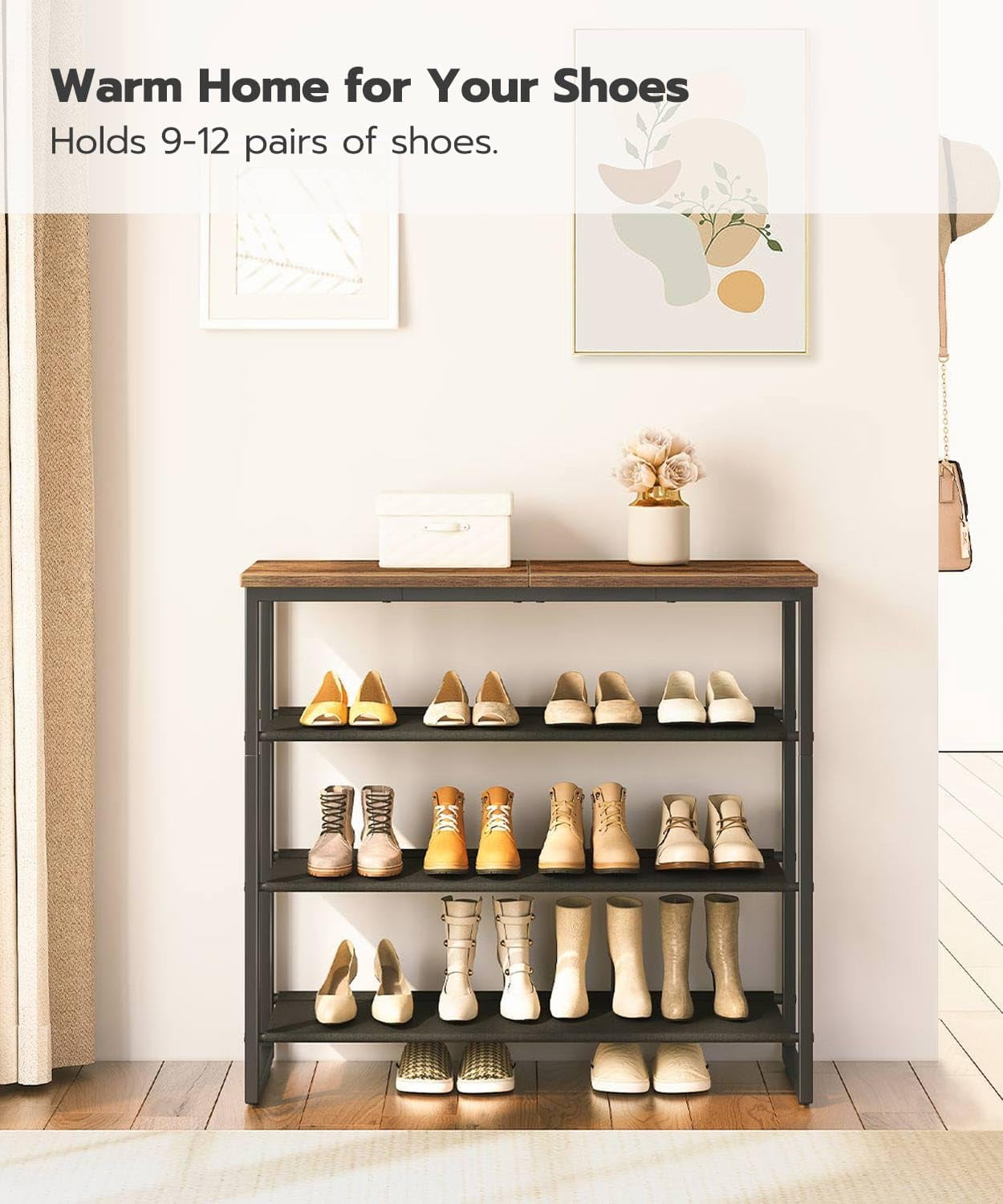 Shoe Rack 4 Tier Storage Organizer with 3 Oxford Fabric Shelves Entryway Closet Industrial Rustic Brown - Image 3