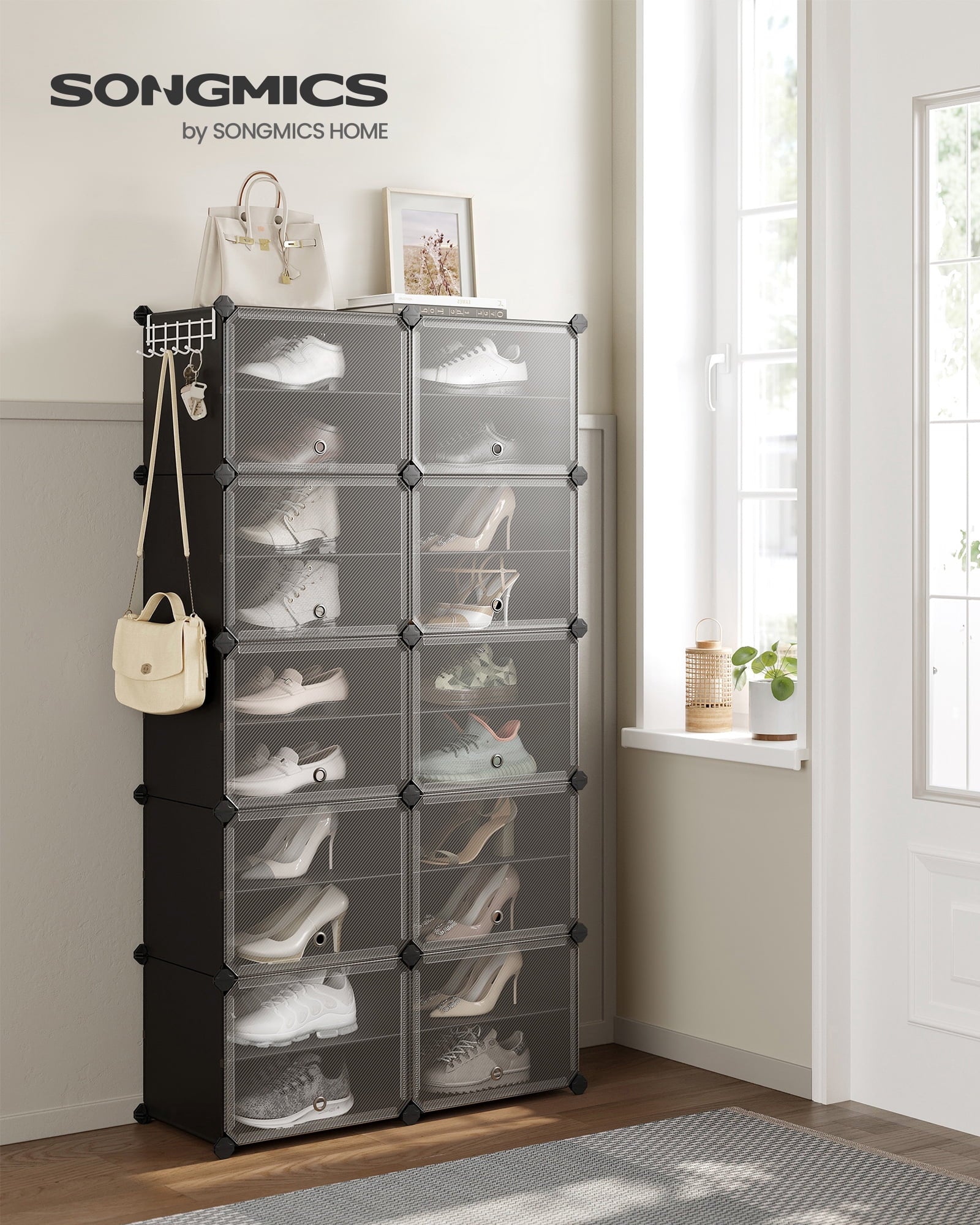 Organizer, 10-Tier Storage Cabinet for Closet and Entryway, Holds 40 Pairs of s, Adjustable, Ink Black and Trasparent