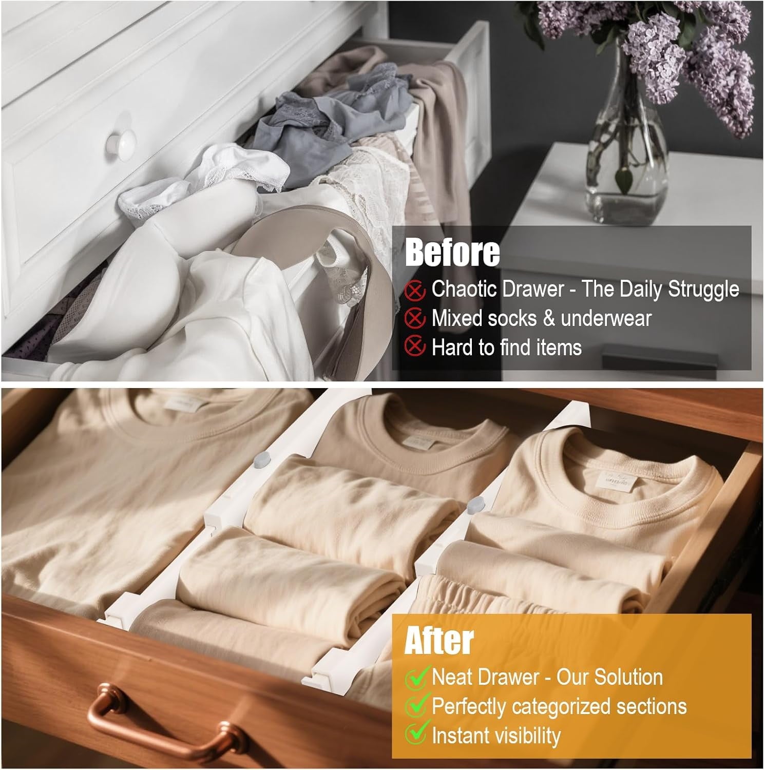 Behome 6 Pack Drawer Dividers, 11-18" Adjustable Dresser Drawer Organizers for Clothes, 4" High Expandable Drawers Se... - Image 4