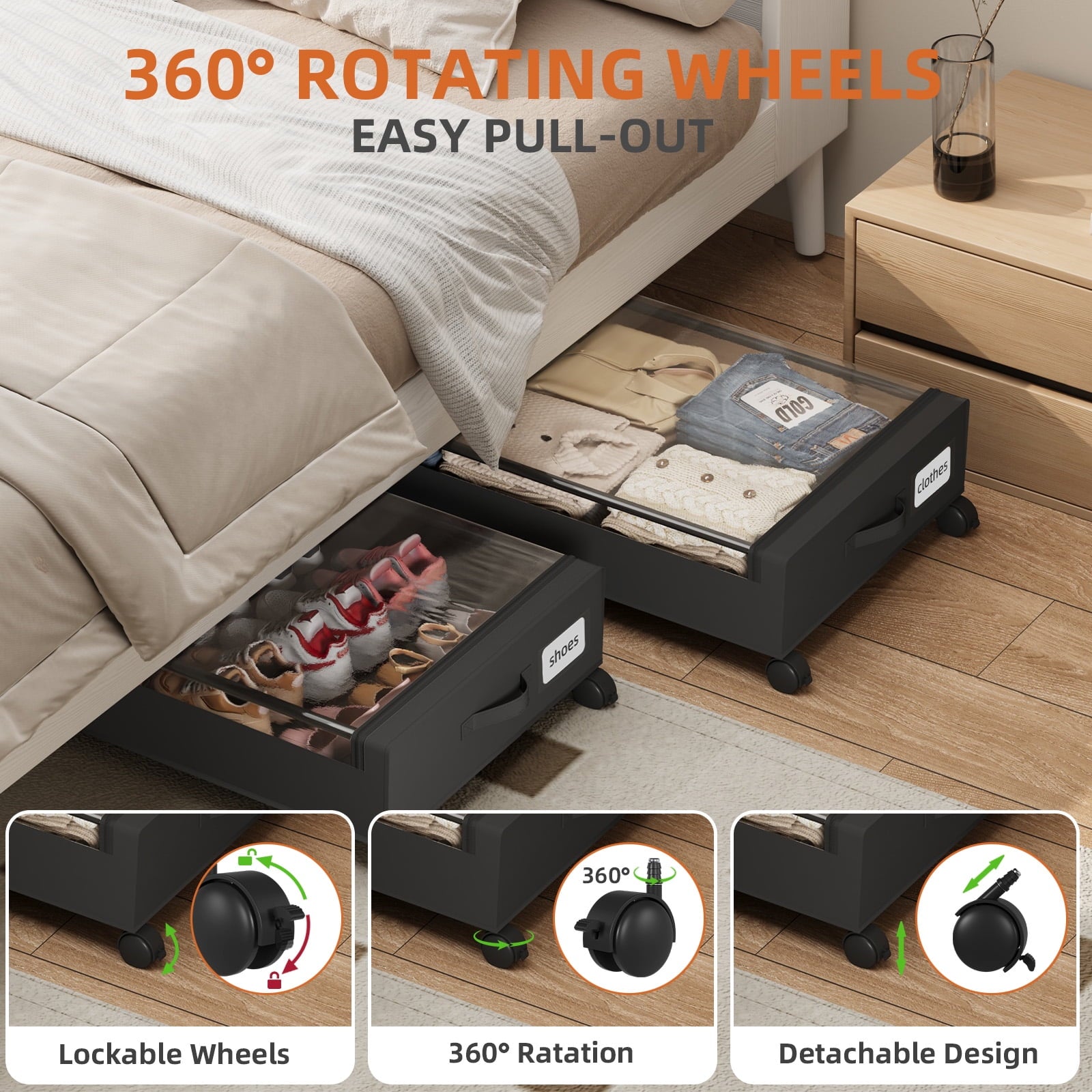 Under Bed Storage with Wheels, 2 Pack Under Bed Storage Containers with Clear Lid and Handles, Storage Organizer Bins - Image 3
