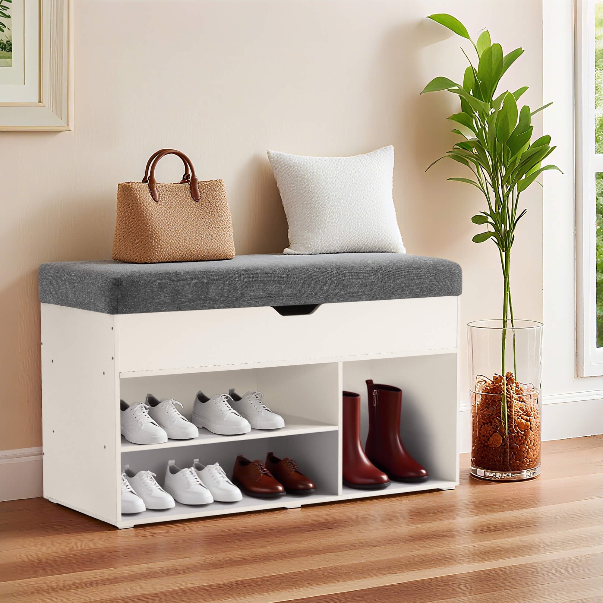 Ivinta Shoe Storage Bench with 4" Cushion, 2-Tier Entryway Organizer with Hidden Compartment, 37", White - Image 3