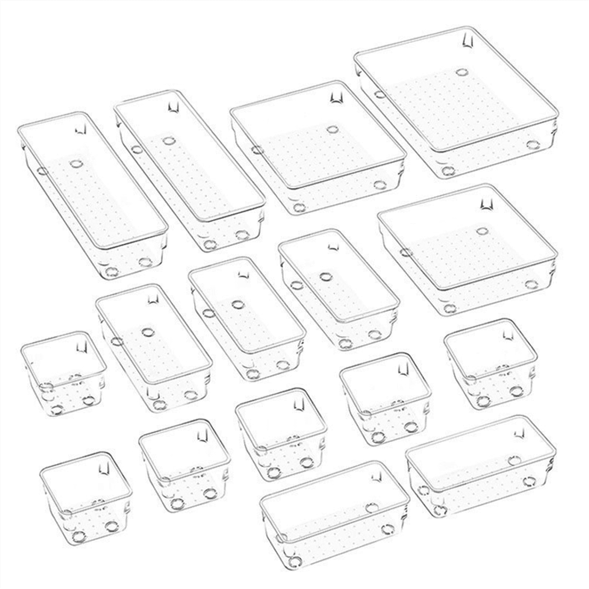 16-Piece Set, 5 Different Sized Bathroom and Kitchen Storage Trays, Transparent Storage Boxes