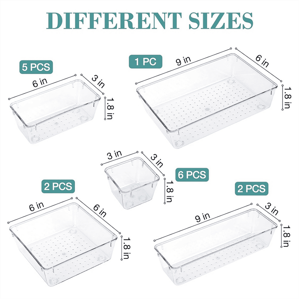 16-Piece Set, 5 Different Sized Bathroom and Kitchen Storage Trays, Transparent Storage Boxes