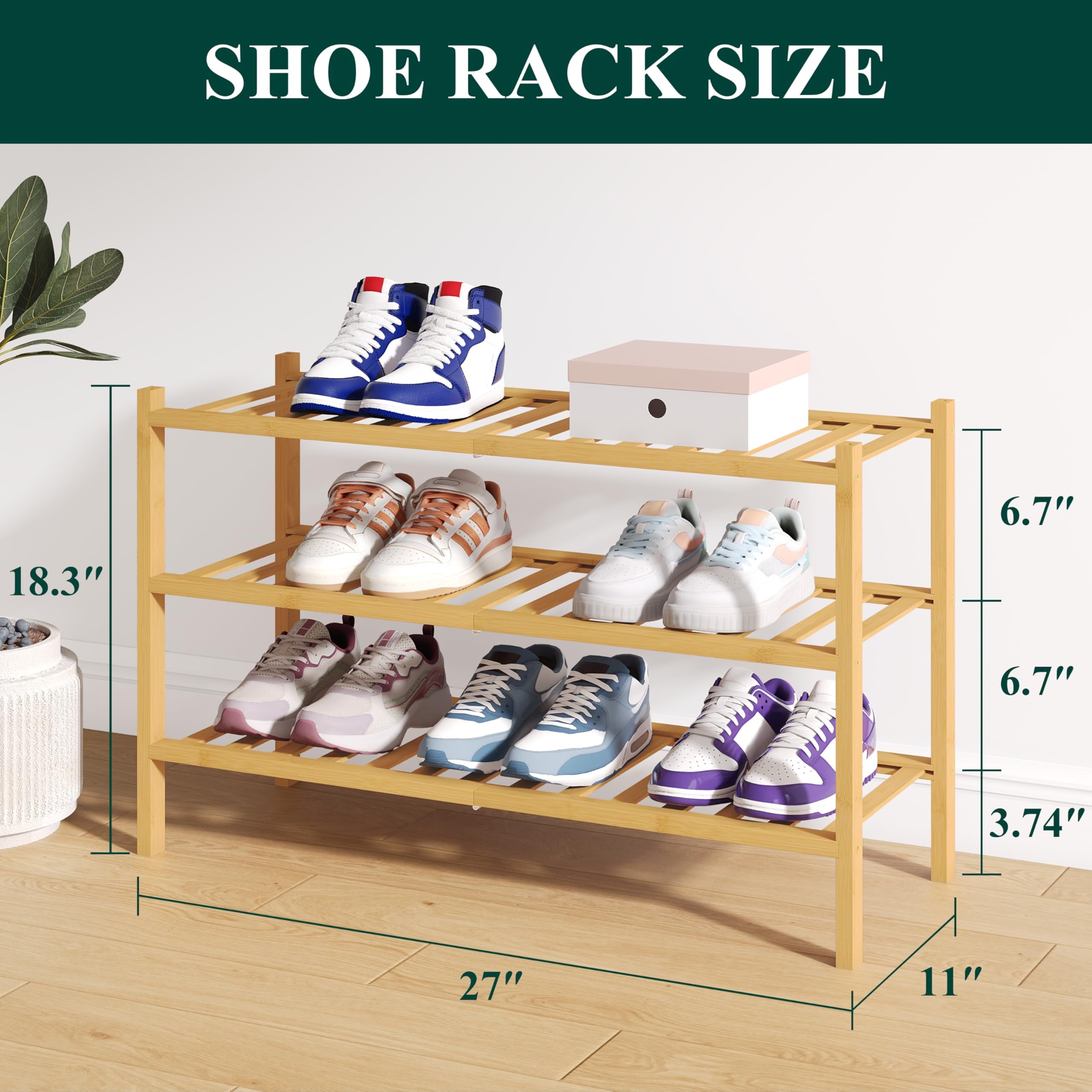 Bamboo 3 Tier Shoe Rack for Closet, Shoe Storage Organizer, Wood Shoe Shelf for Entryway, Natural - Image 2