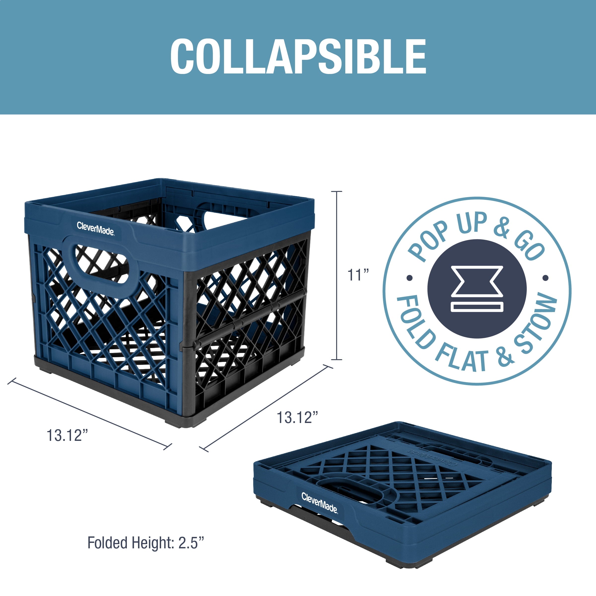 CleverMade Collapsible Eco Plastic Milk Crate, Folding Storage Bin, 6.6 gal, Ocean Navy - Image 2