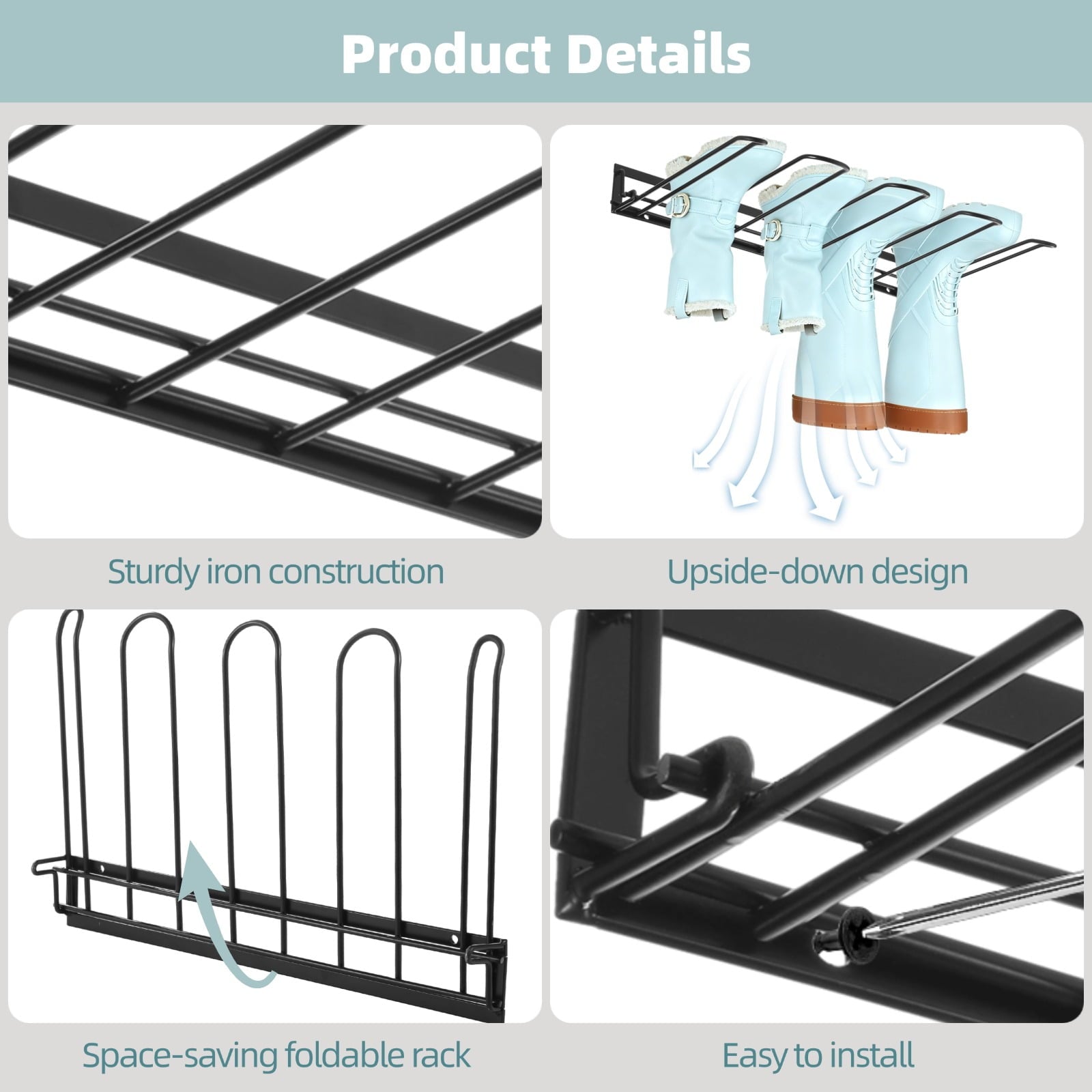 Boot Rack, Wall Mounted Boot Rack for Closet, Iron Boot Hangers with Adhesive Hooks, Expansion Screws, Space-Saving B... - Image 4