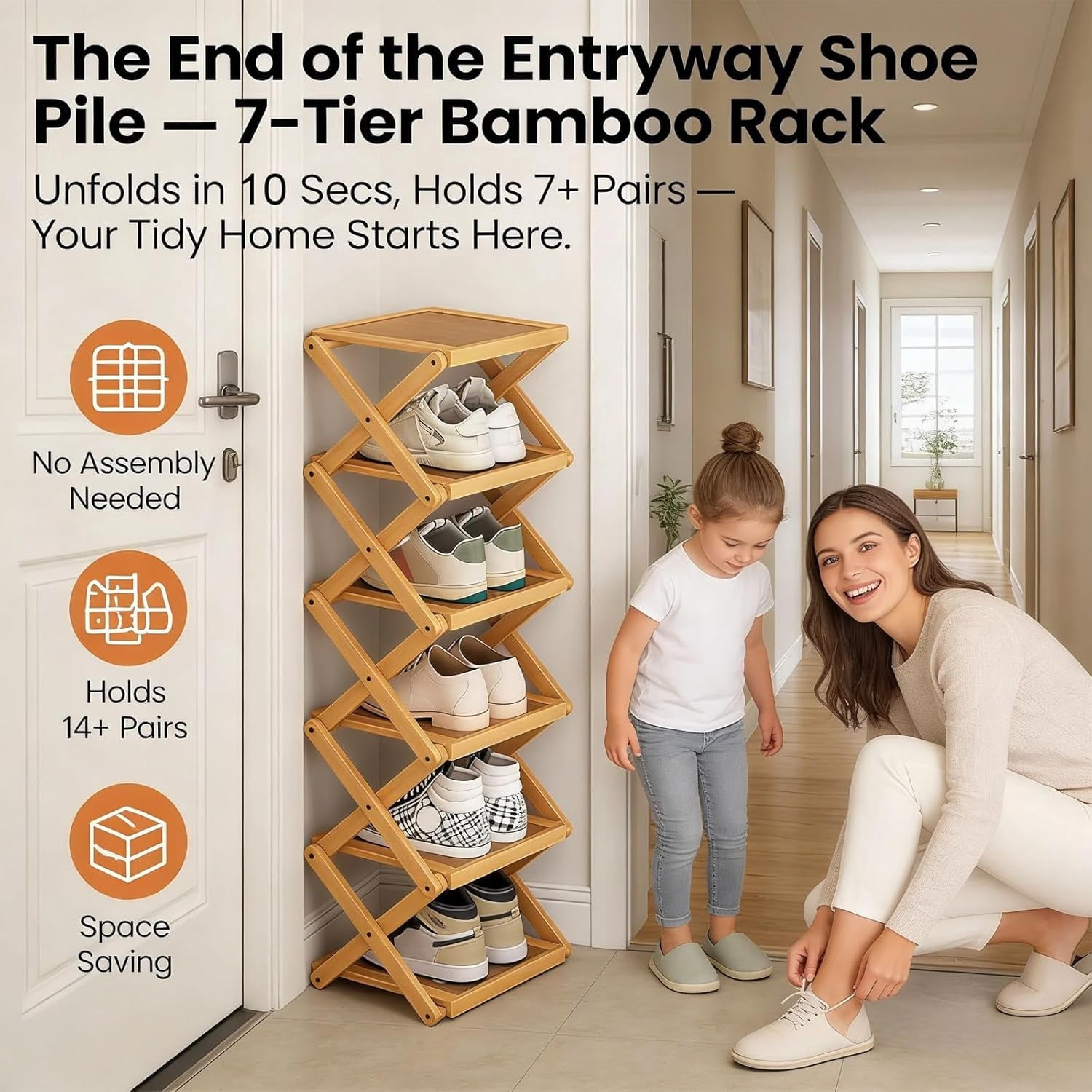 Tier No-Assembly Bamboo Rack ,2/3/4/5/6/7/8/9/10 Tier Bamboo Shoe Rack, No-Assembly Vertical Slim Shoe Storage, Colla... - Image 3