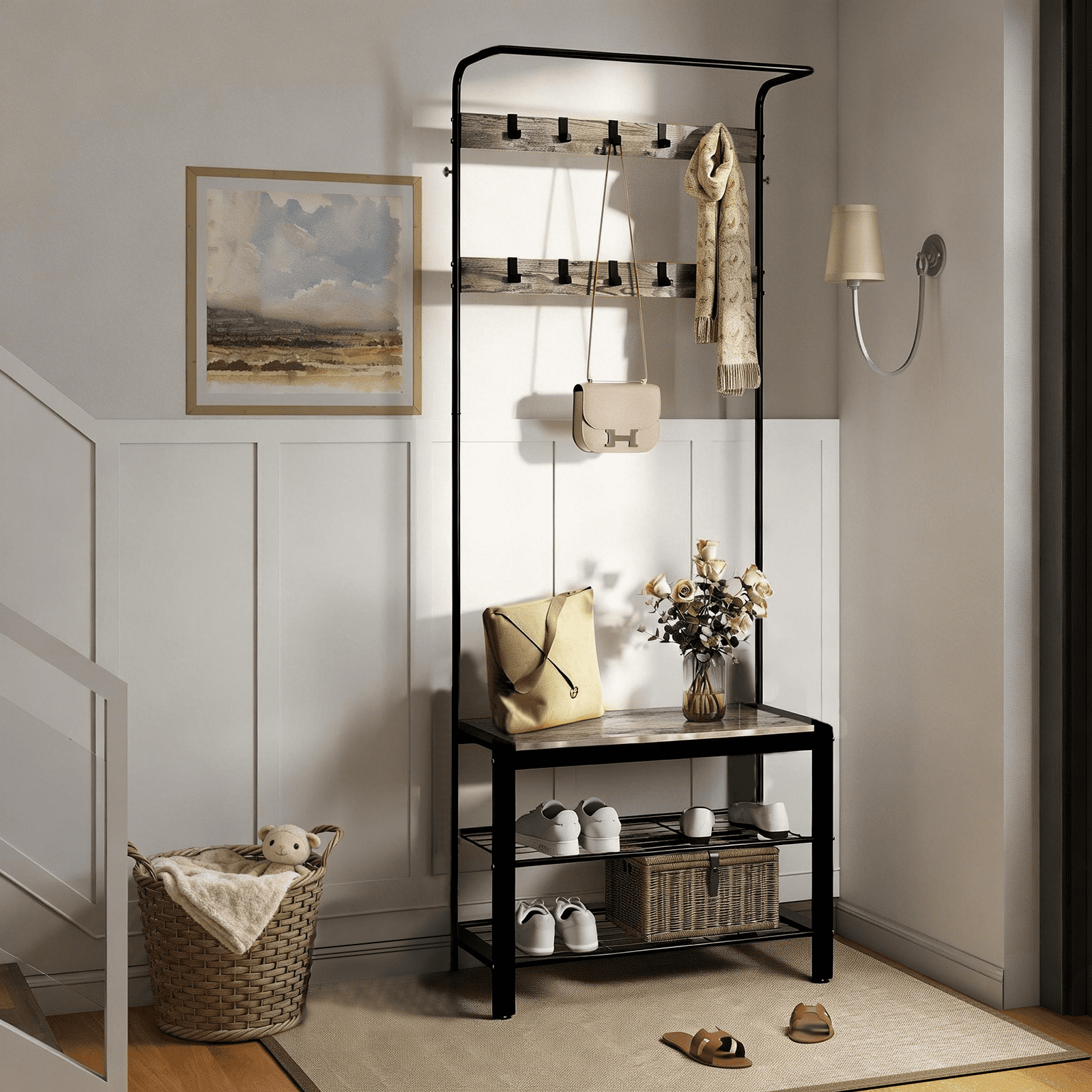 ZIVACATE Coat Rack, Hall Tree with Shoe Storage Bench, Entryway Bench with Shoe Storage, 4-in-1, Steel Frame, for Entryway, 28.35 x 13.27 x - Image 2