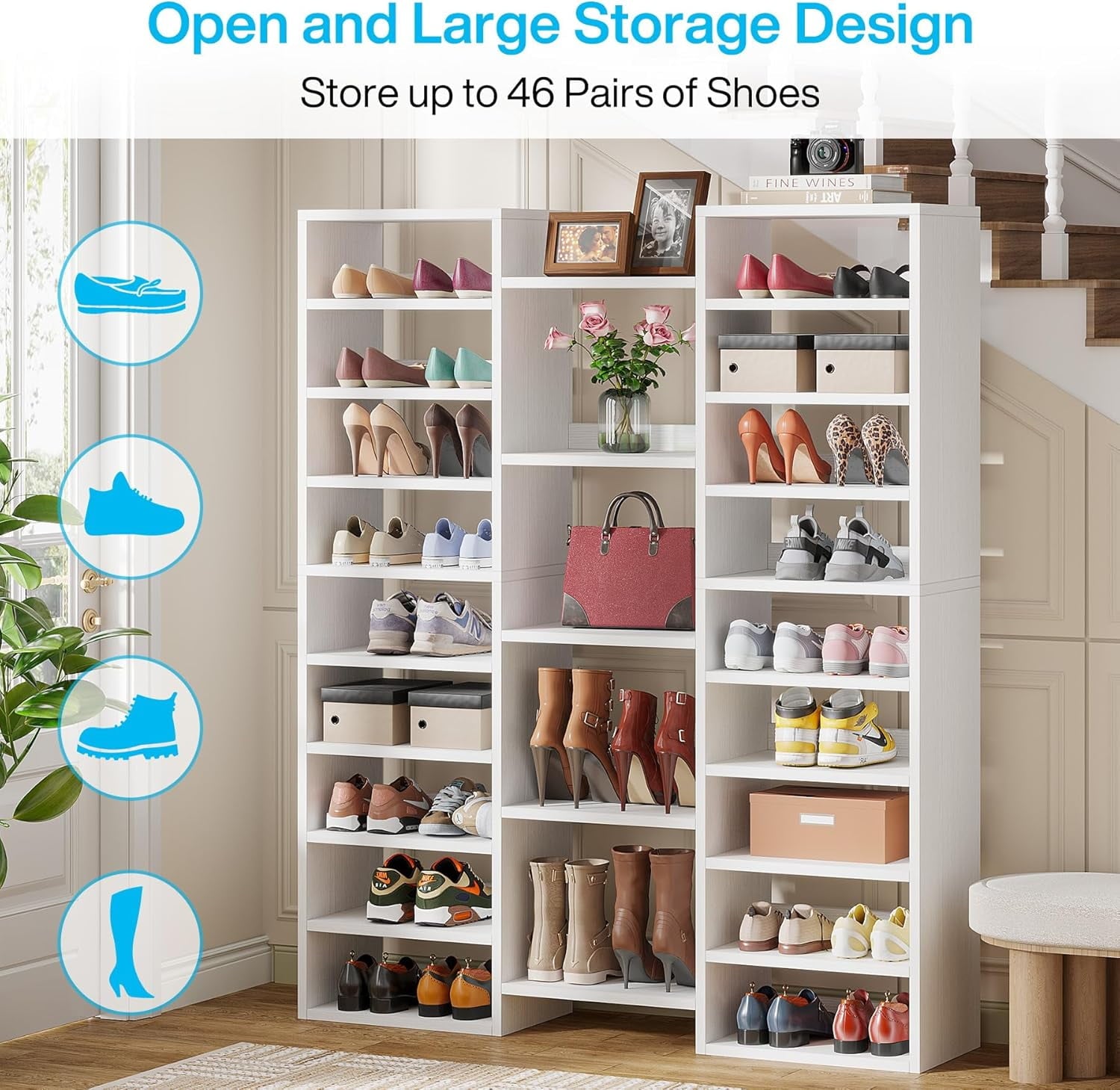 14-Tier Shoe Rack, 59 in. White Shoe Shelf with 22 Open Cubbies, 46 Pairs Wide Entryway Shoe Organizer Shoe Storage C... - Image 4