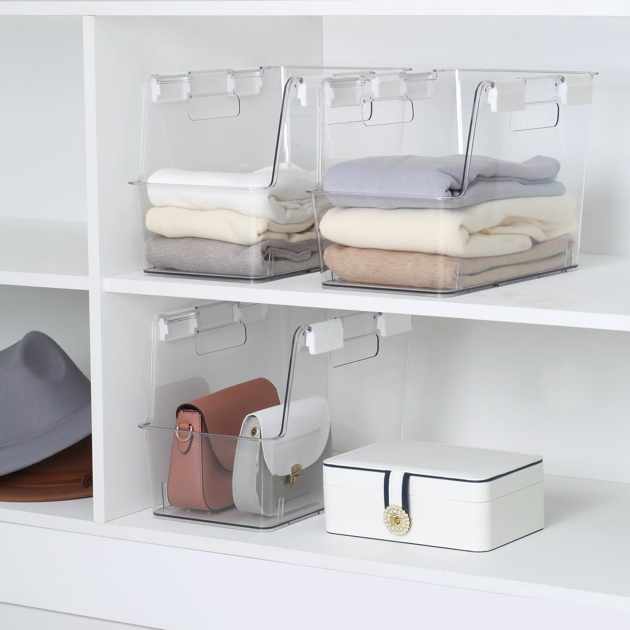 Small Clear Plastic Stackable Bin for Closet with White Latches - Image 2