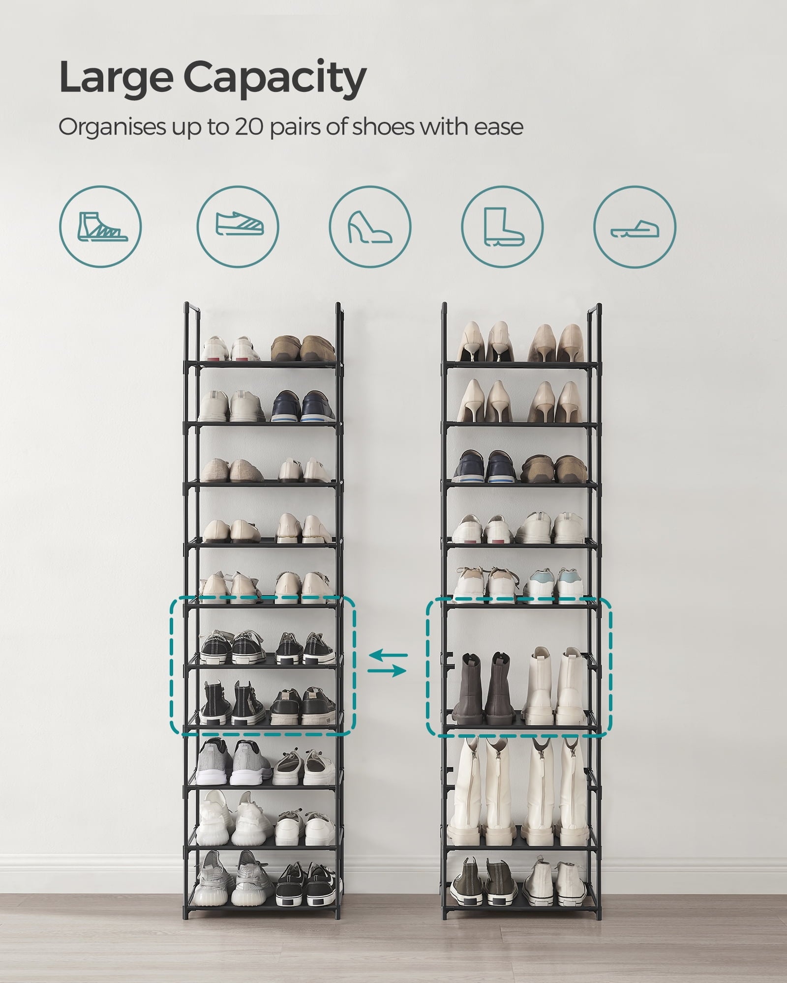 Shoe Rack, 10 Tier Shoe Shelf, Shoe Storage Organizer,Metal Frame, Non-Woven Fabric Shelves, for Entryway, Bedroom, B... - Image 3