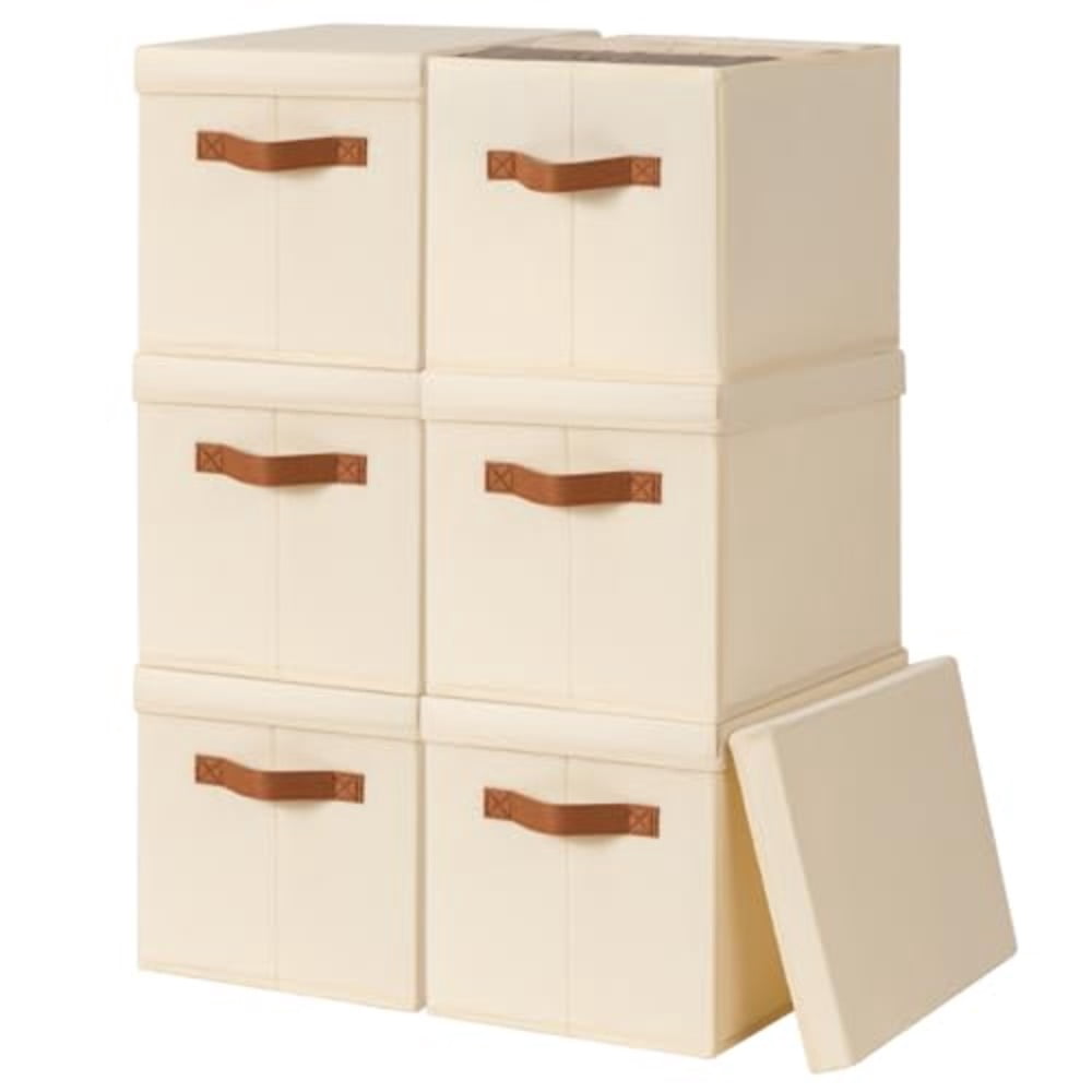 with Lids - Fabric Baskets for Shelves 6 Pack Foldable Decorative Boxes with Handles Stackable Organizer for Home Nur... - Image 2