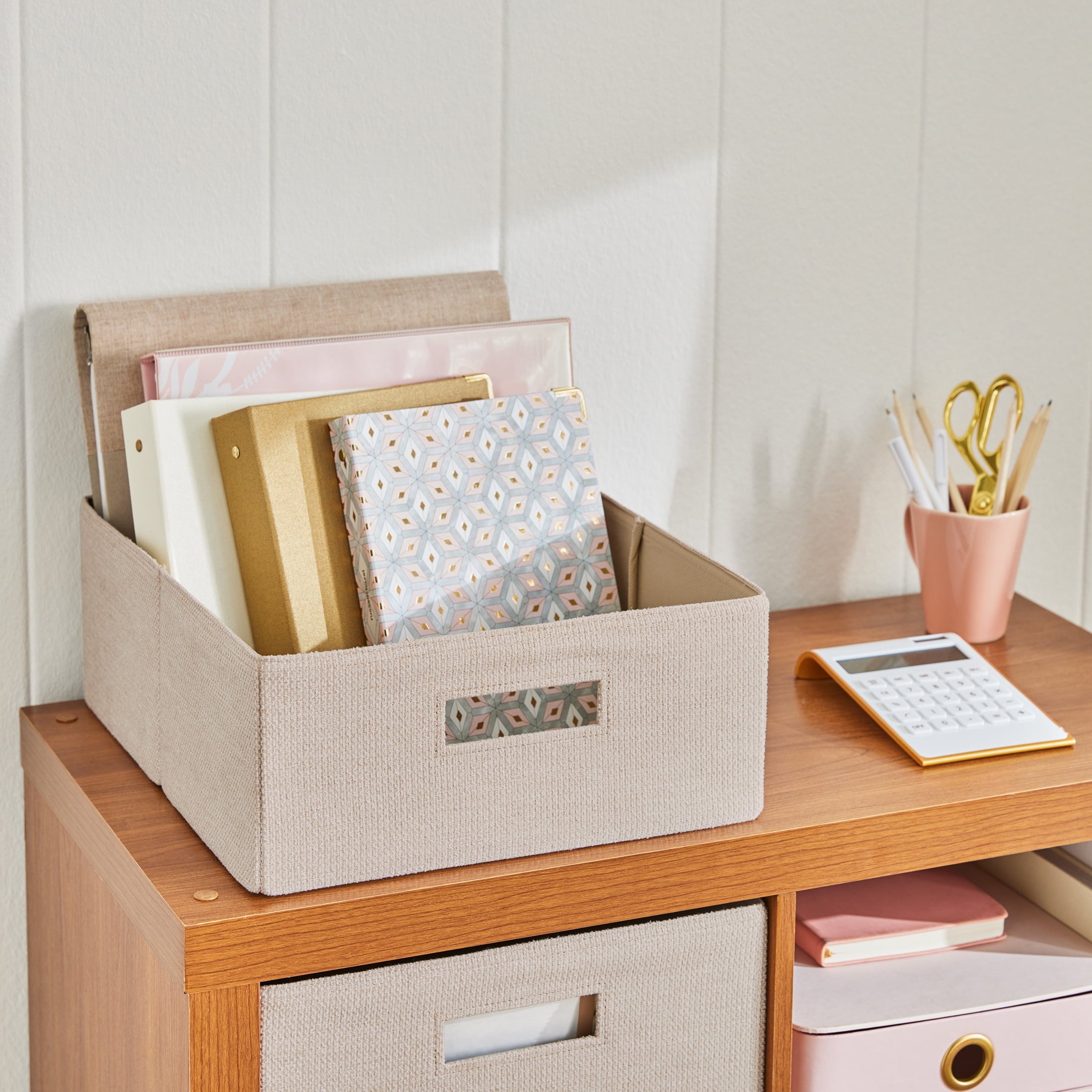 Half-Size Fabric Storage Bin, Toasted Almond Textured - Image 4
