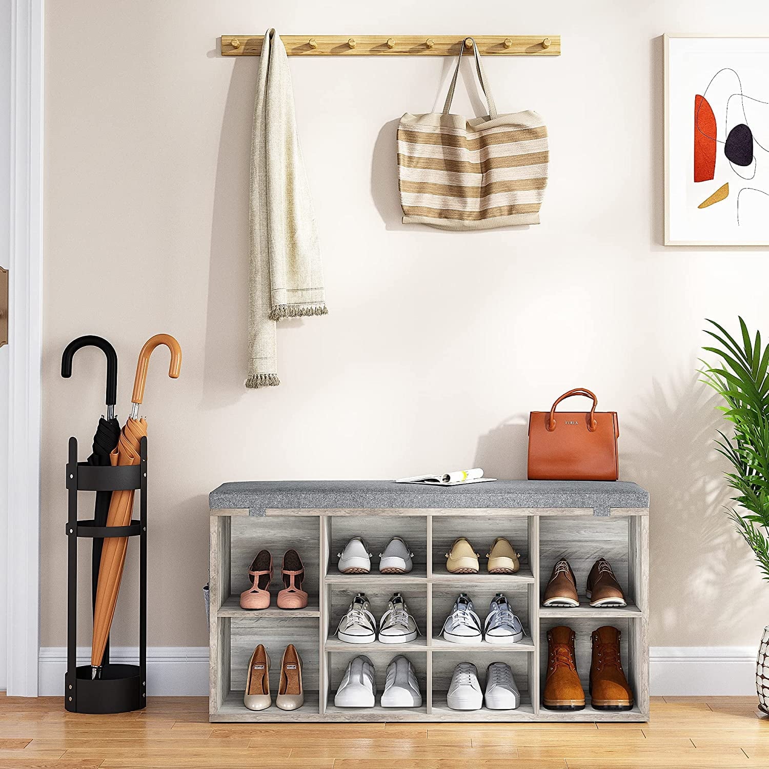 41" Bench with Padded Seat, 10 Cubes, Adjustable Shelves & Side Pockets, Entryway Organizer, Gray - Image 3