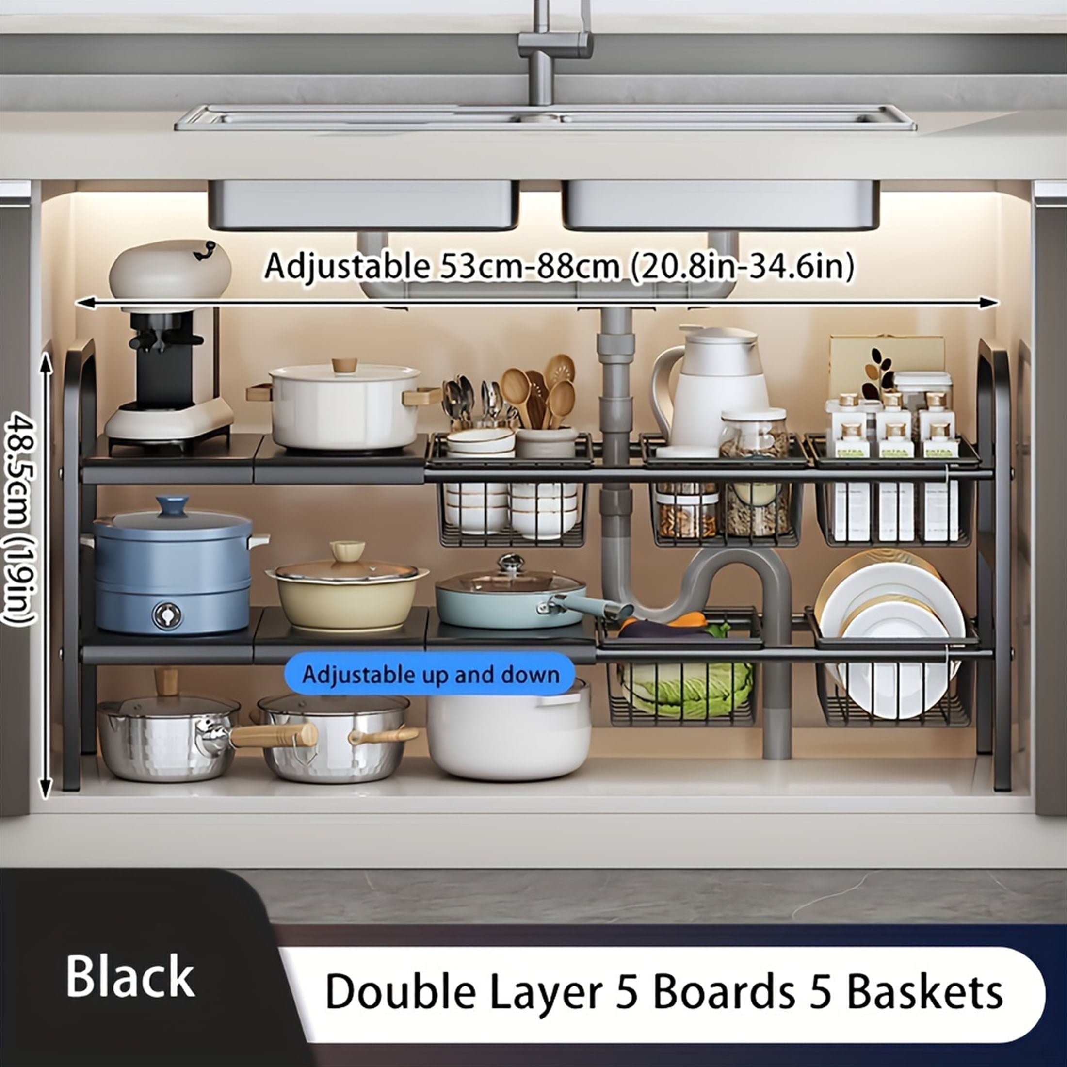 1pc Sink Organizers and Storage 2 Tier Cabinet Shelf Organizer with 5 Detachable Panels 5 baskets for Kitchen Bathroo... - Image 2