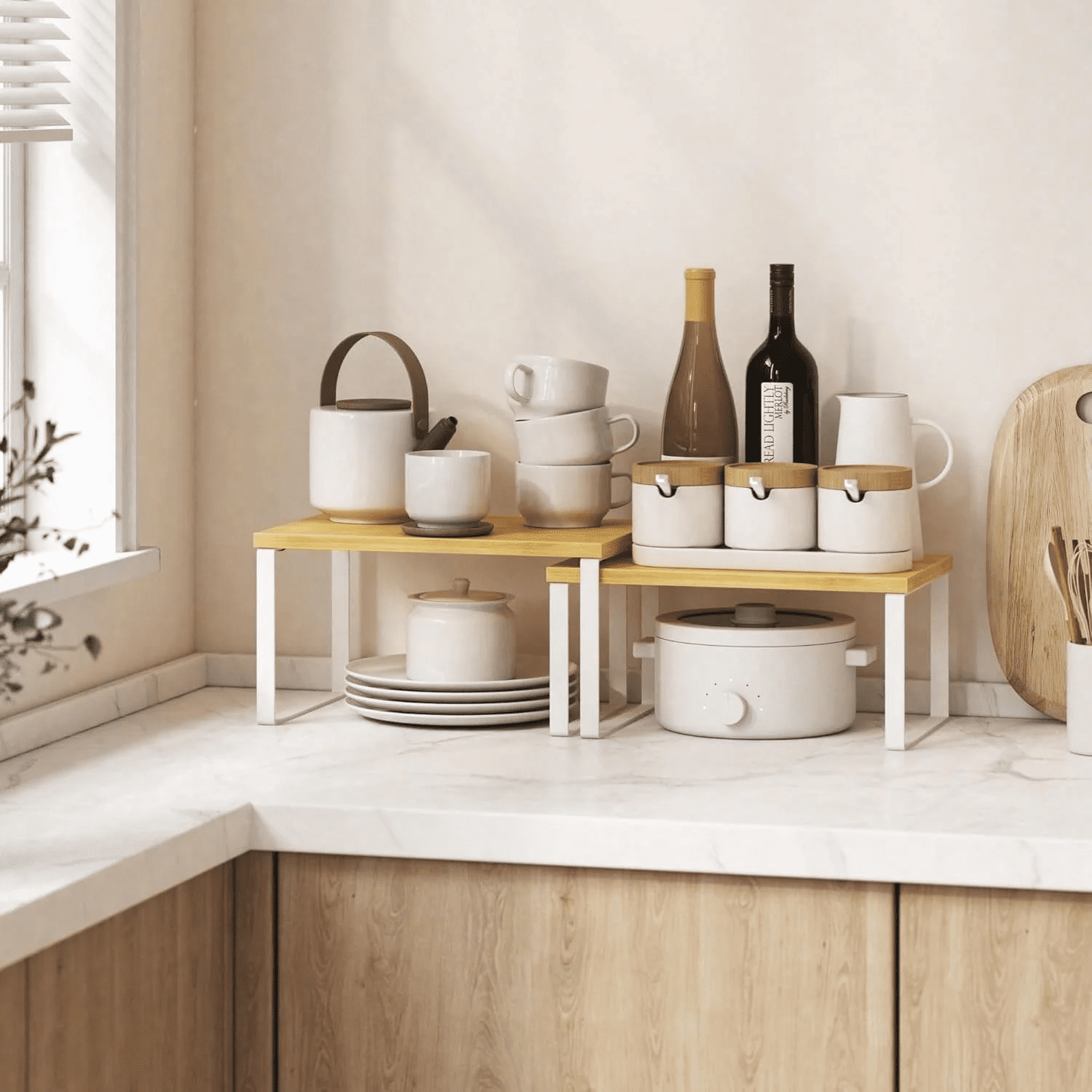 Bamboo & White 2-Tier Expandable Counter Shelf Organizer  Space-Saving Storage for Kitchen, Bathroom, Office & More - Image 3