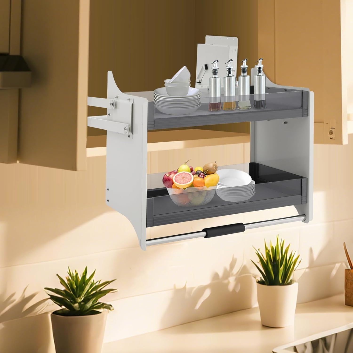 30 Inch Pull Down Cabinet Organizer, 2 Tier Kitchen Cabinet Pull Down Shelf Large Storage Space, Heavy Duty Cabinet Organizer for Kitchen Ca