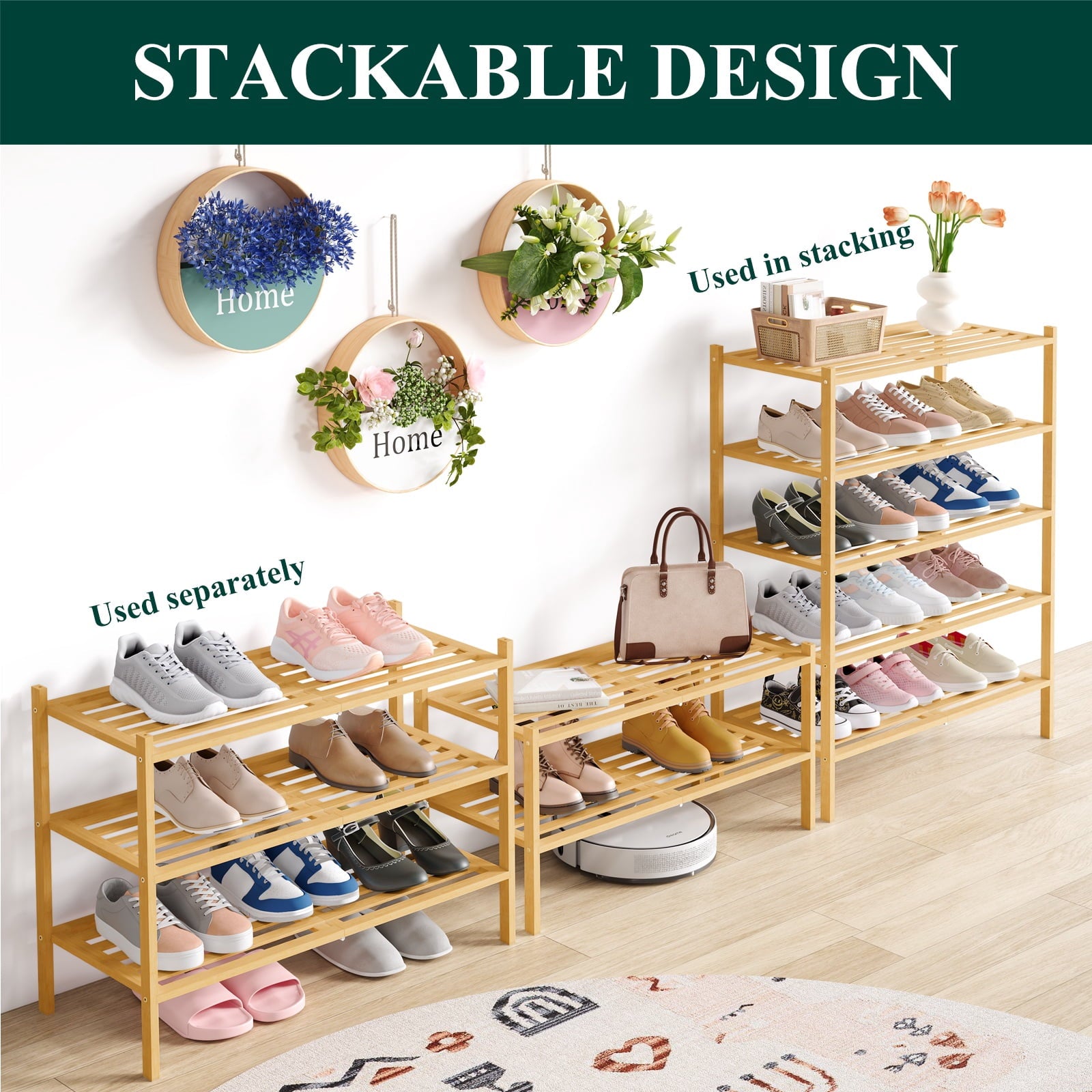 3-Tier Shoe Rack , Stackable Bamboo Shoe Rack Organizer, Shoe Storage for Closet, Entryway, Bedroom and Wall, Natural - Image 5