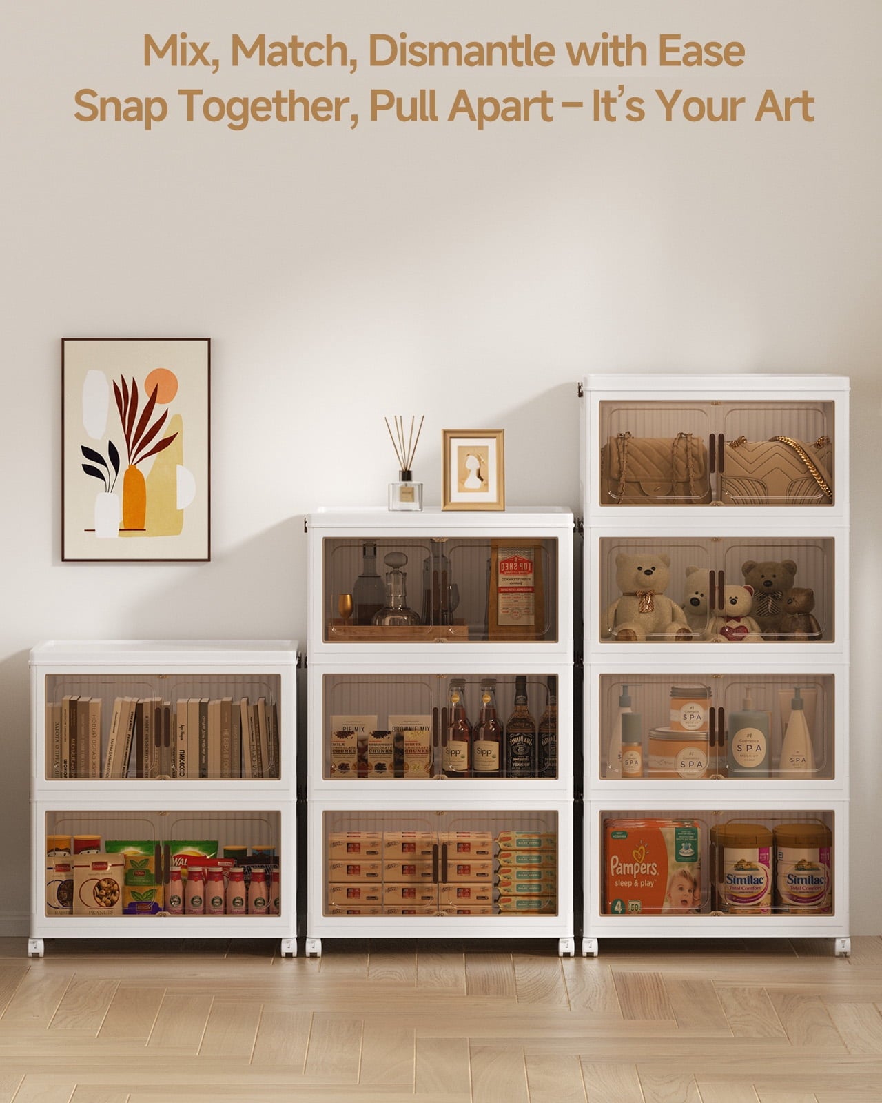 Asnews 2 Tier Stackable Storage Bins with Lids & Magnetic Doors, 55 QT Foldable Storage Cabinet with Wheels, Transparent Plastic Storages Dr - Image 2