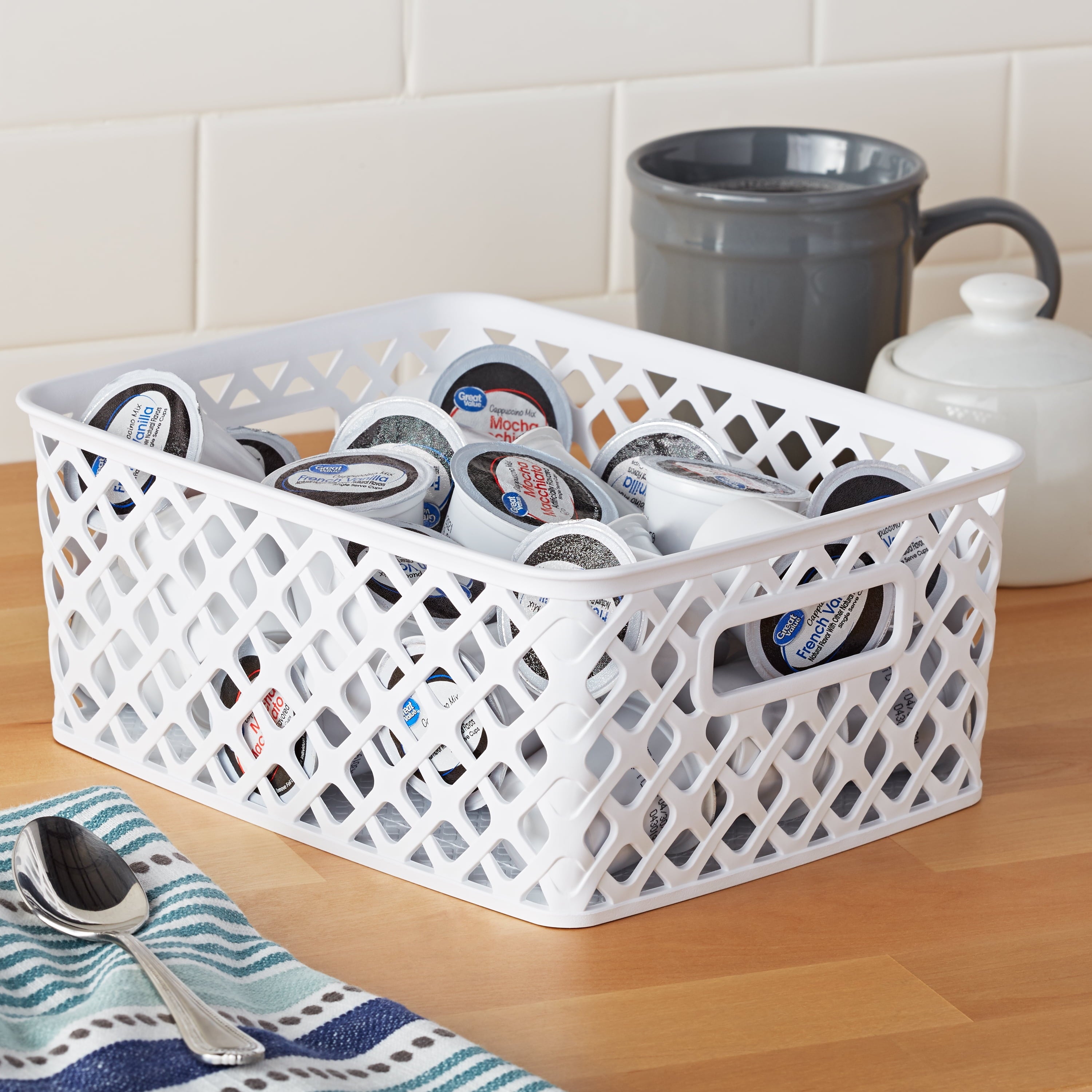 Small White Decorative Plastic Storage Basket, 10 in x 8 in x 4 in - Image 2