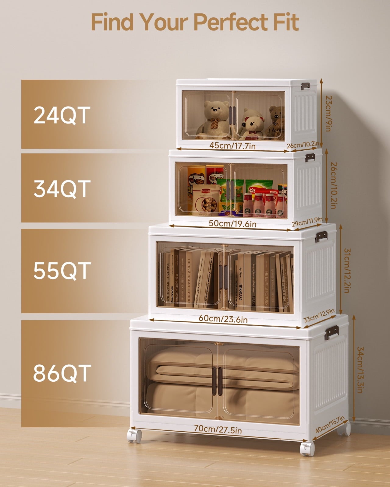 Asnews 2 Tier Stackable Storage Bins with Lids & Magnetic Doors, 55 QT Foldable Storage Cabinet with Wheels, Transparent Plastic Storages Dr - Image 3
