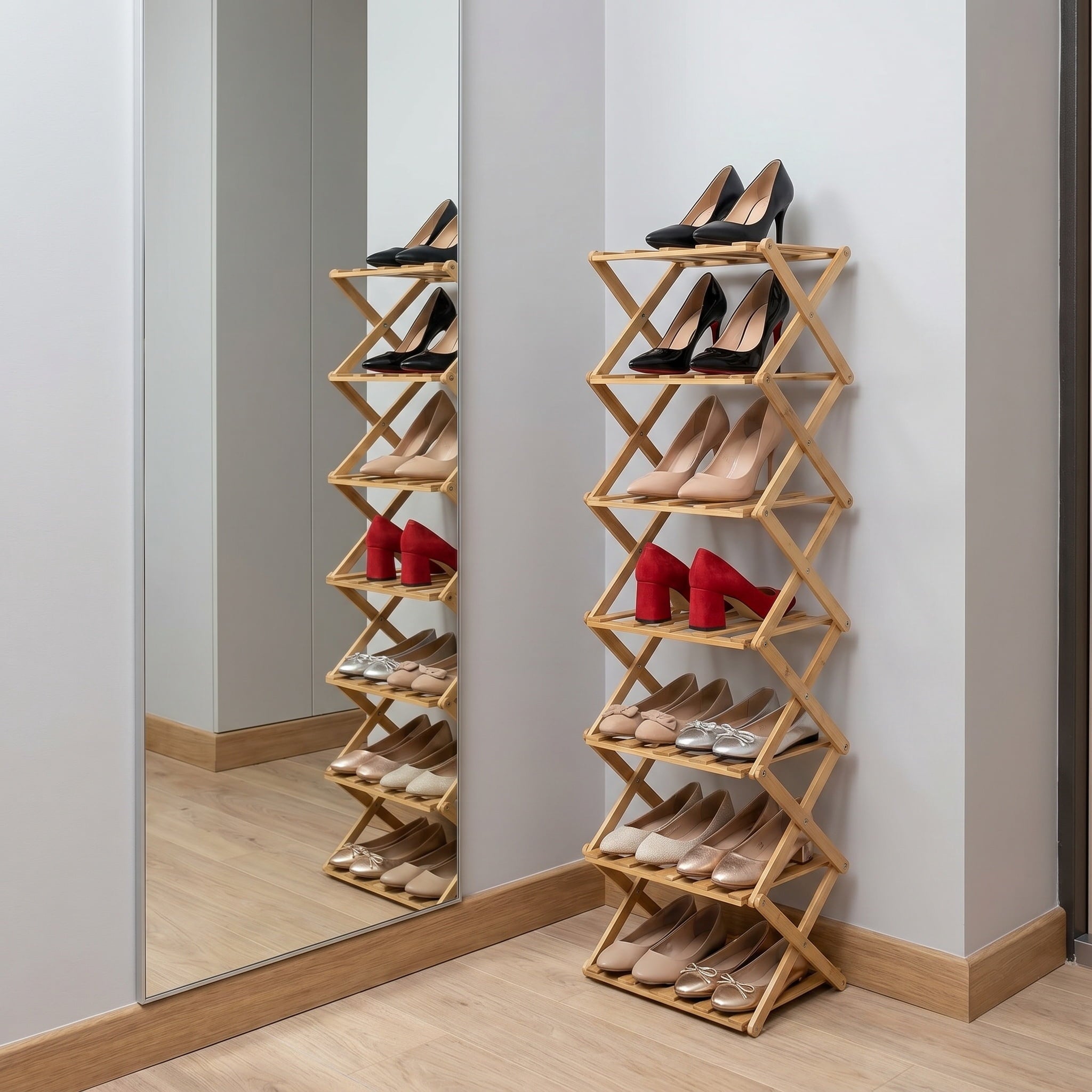 7 Tier Wooden Vertical Shoe Rack, Folding Narrow Shoe Organizer, Standing Portable Shoe Storage Shelf for Entryway, Bedroom, Living Room Cor - Image 2