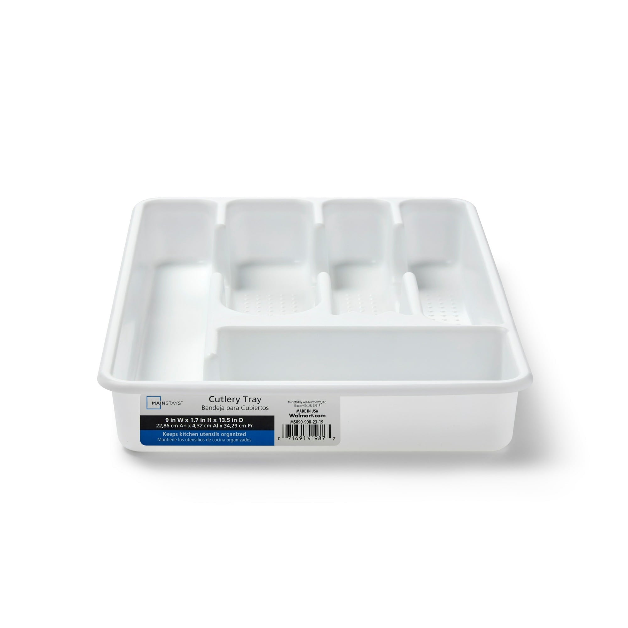 Mainstays Plastic 5-Compartment Kitchen Drawer Organizer Tray, Silverware and Utensil Organizer for Cutlery and Flatware Storage, White, 9" - Image 2