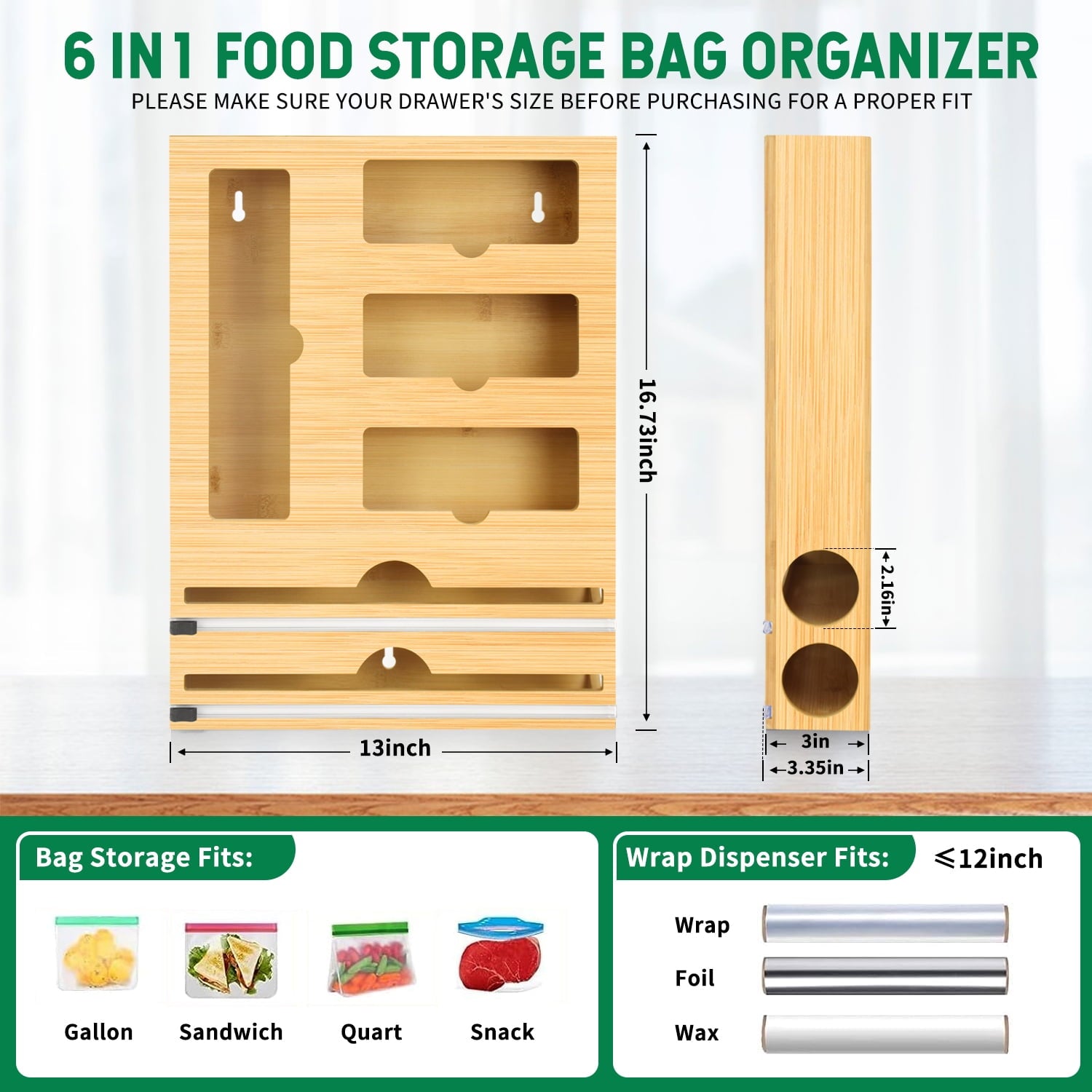 Bag Storage Organizer for Kitchen Drawer, 6 in 1 Foil and Plastic Wrap Dispenser with Cutter, Bamboo Plastic Bag Food... - Image 2