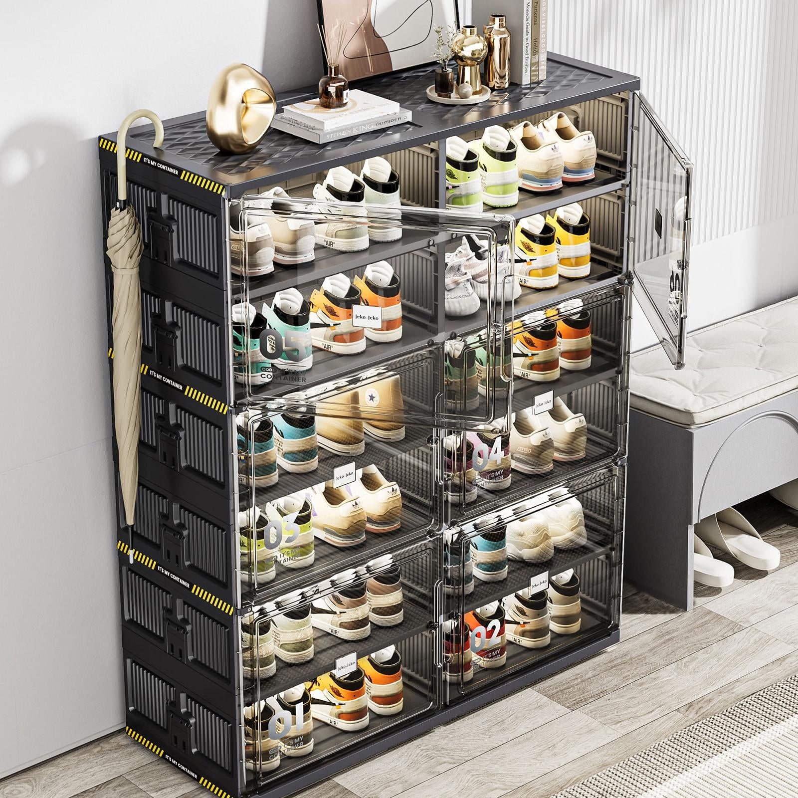 6 24 Pairs Hard Plastic Shoe Storage Organizer Cabinet for Entryway, Large Stackable Collapsible Sneaker Shoe Box Org... - Image 5