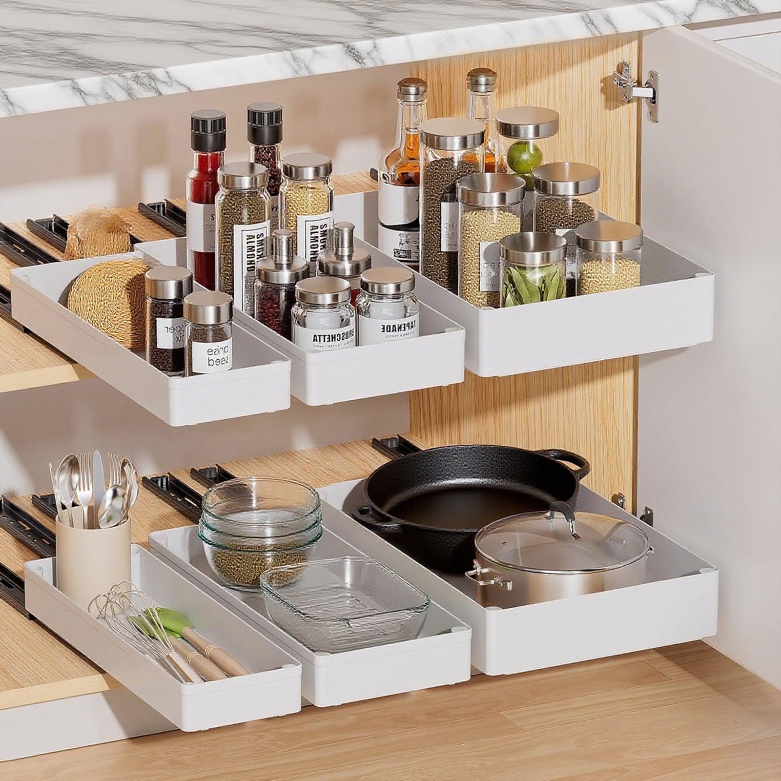 Pull Out Cabinet Organizer Adhesive with Nano Film,Slide Out Drawers Adhesive Heavy Duty Storage Drawer Shelf with Di...