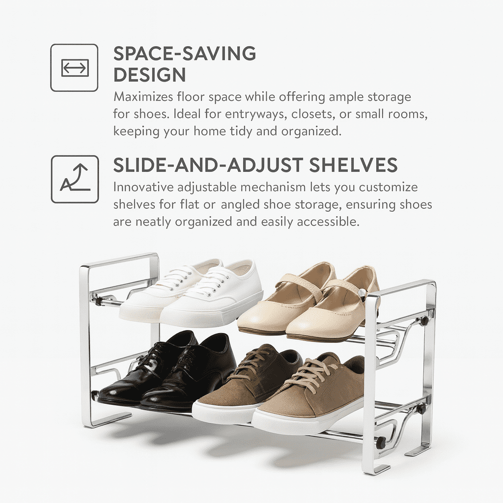 USTECH 2-Tier Metal Shoe Rack, Chrome Adjustable Shoe Storage Organizer with Slide-and-Adjust Shelves, Space-Saving Design, Easy Setup - Image 3
