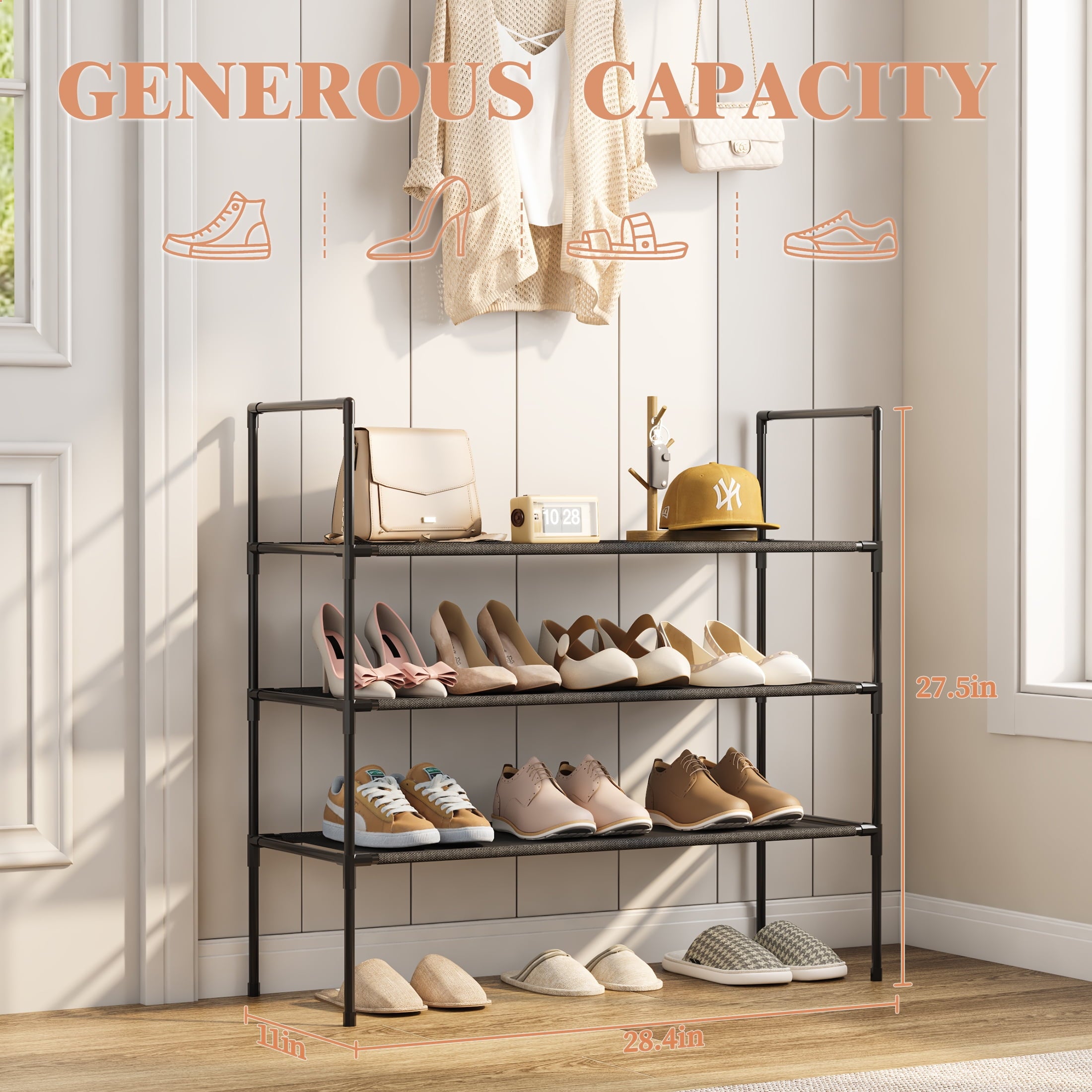 Shoe Rack for Closet, 3-tier Stackable Free Standing Shoe Shelves, Shoe Organizer for Entryway Dorm, 28.4" x 11" x 27... - Image 2