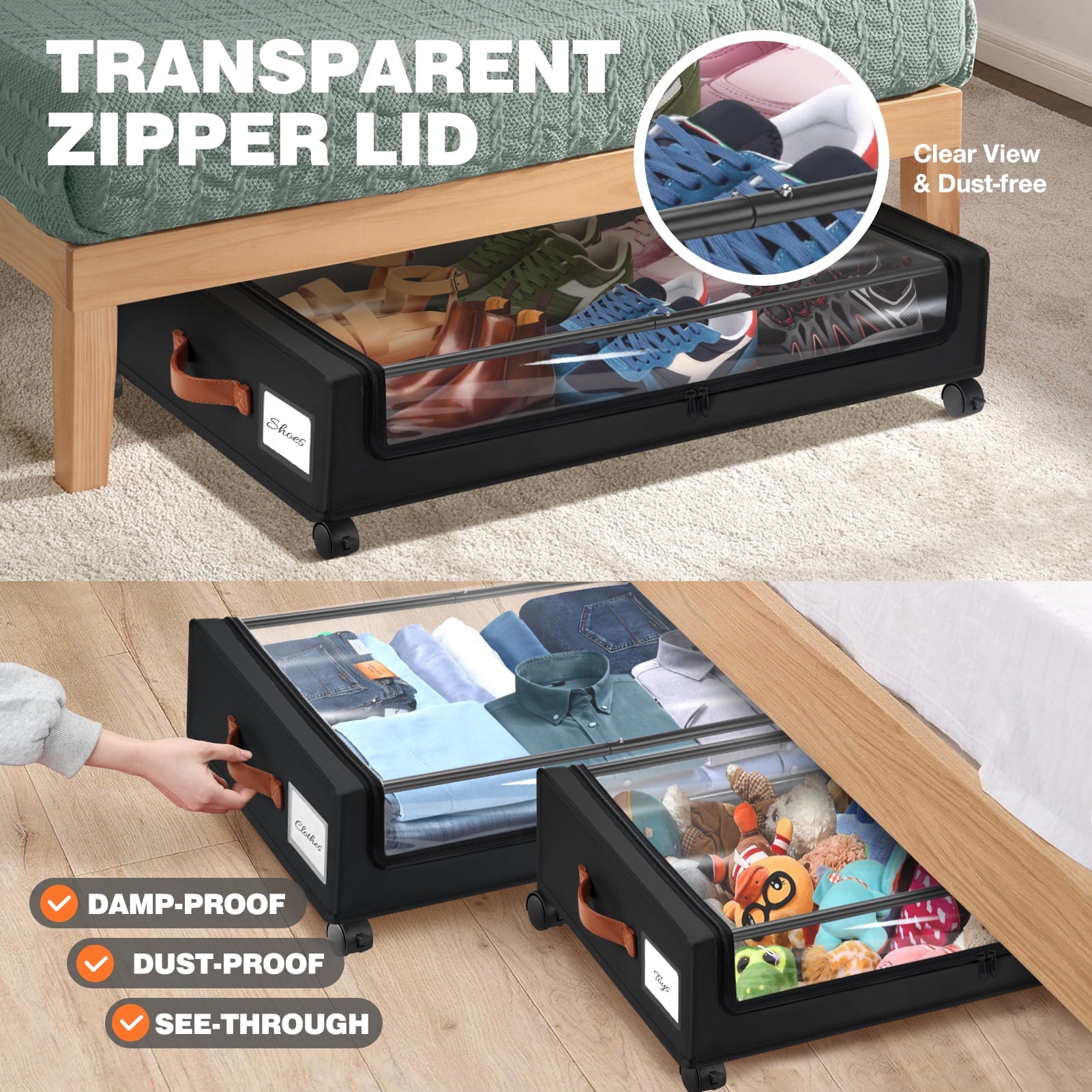 Livhil Under Bed Storage with Wheels, 2Pack Under Bed Storage Containers, Under Bed Shoe Storage and Bins (Black) - Image 2