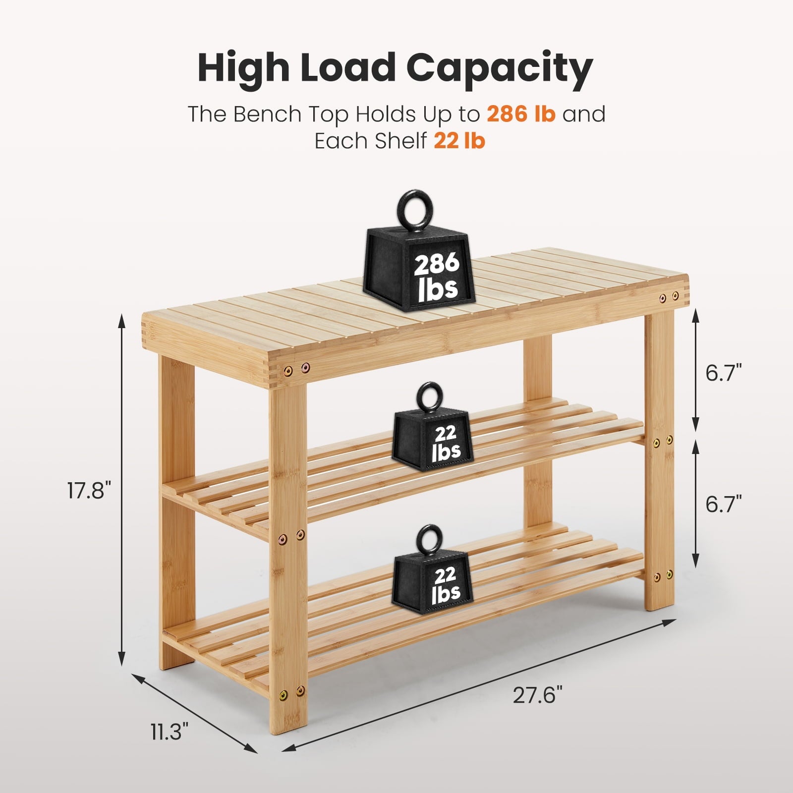 Bamboo Shoe Bench for Entryway, 3-Tier Sturdy Shoe Rack Organizer, 286Lb Weight Capacity Storage Shelf for Shoes, Per... - Image 3