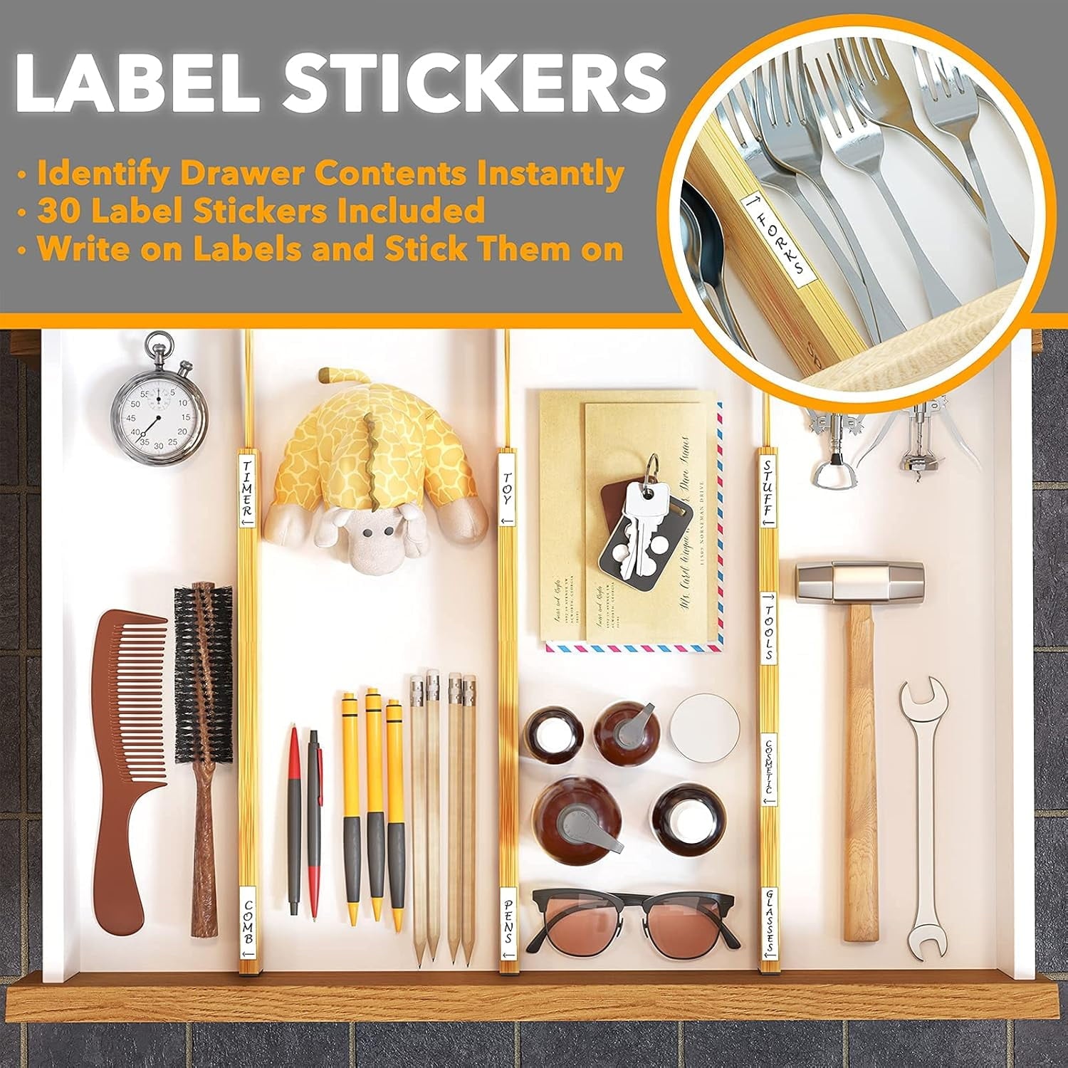 Bamboo Drawer Dividers with Labels, Kitchen Adjustable Drawer Organizers,6 Dividers (17-22 in) - Image 4