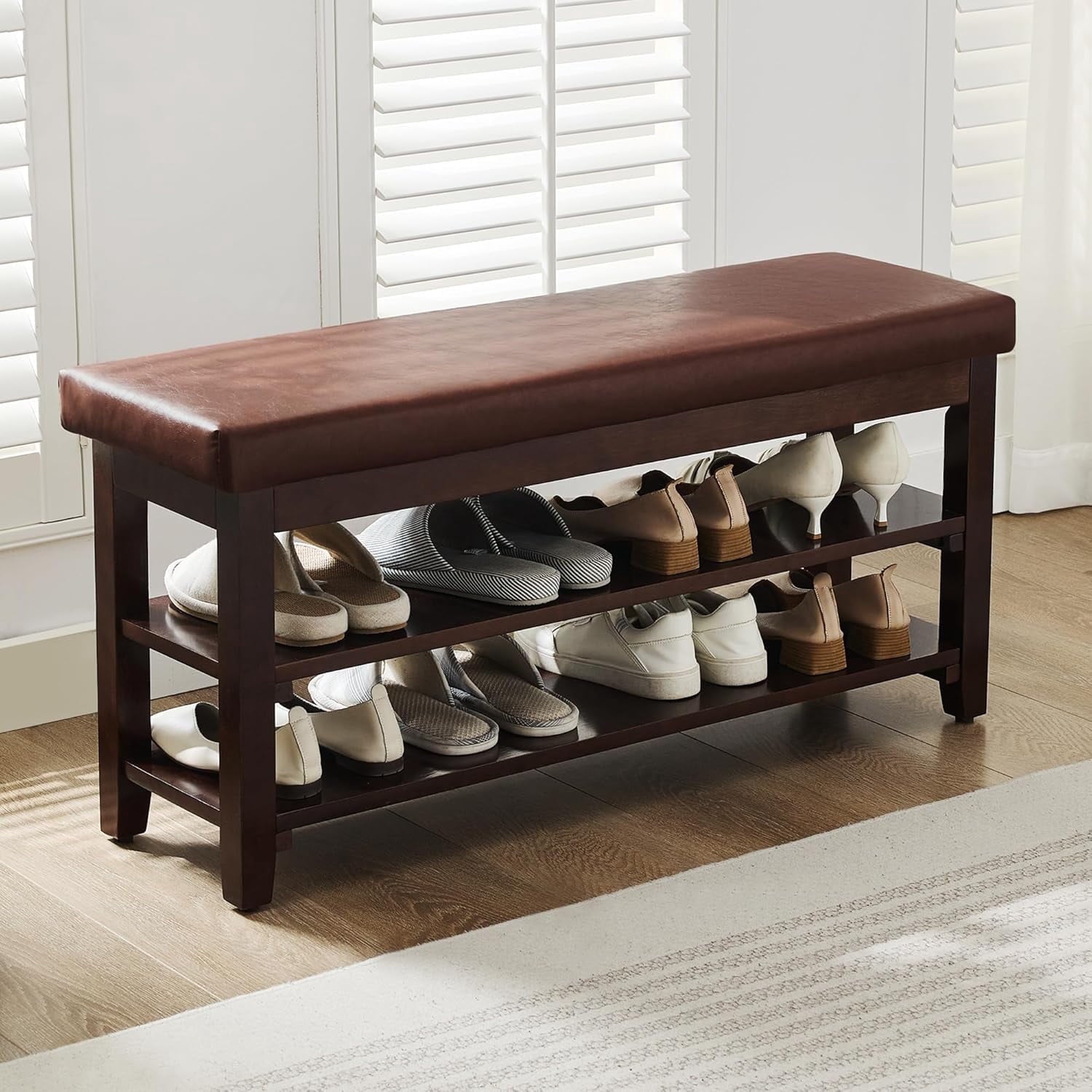 40" Shoe Storage Bench with Leather Cushion, 2-Tier Wooden Shoe Rack Organizer for Entryway, Mudroom, or Hallway, Dar...