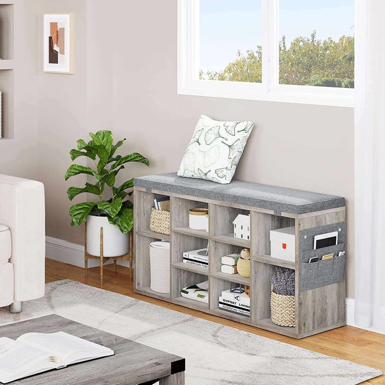 41" Bench with Padded Seat, 10 Cubes, Adjustable Shelves & Side Pockets, Entryway Organizer, Gray