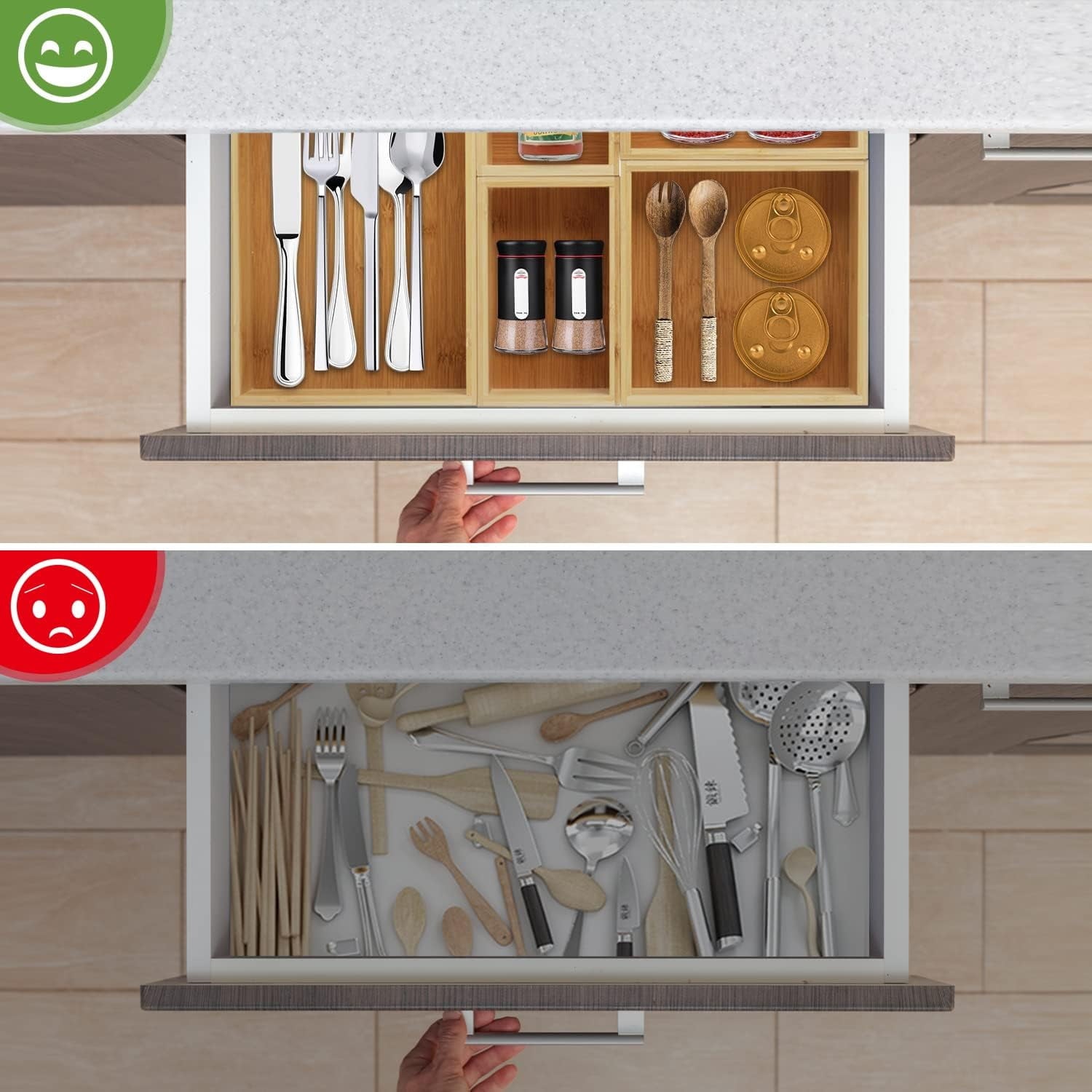Bamboo Drawer Organizer with Adjustable Wood 2 Drawer Dividers, Stackable Makeup Desk Junk Storage Boxes Container Tr... - Image 2