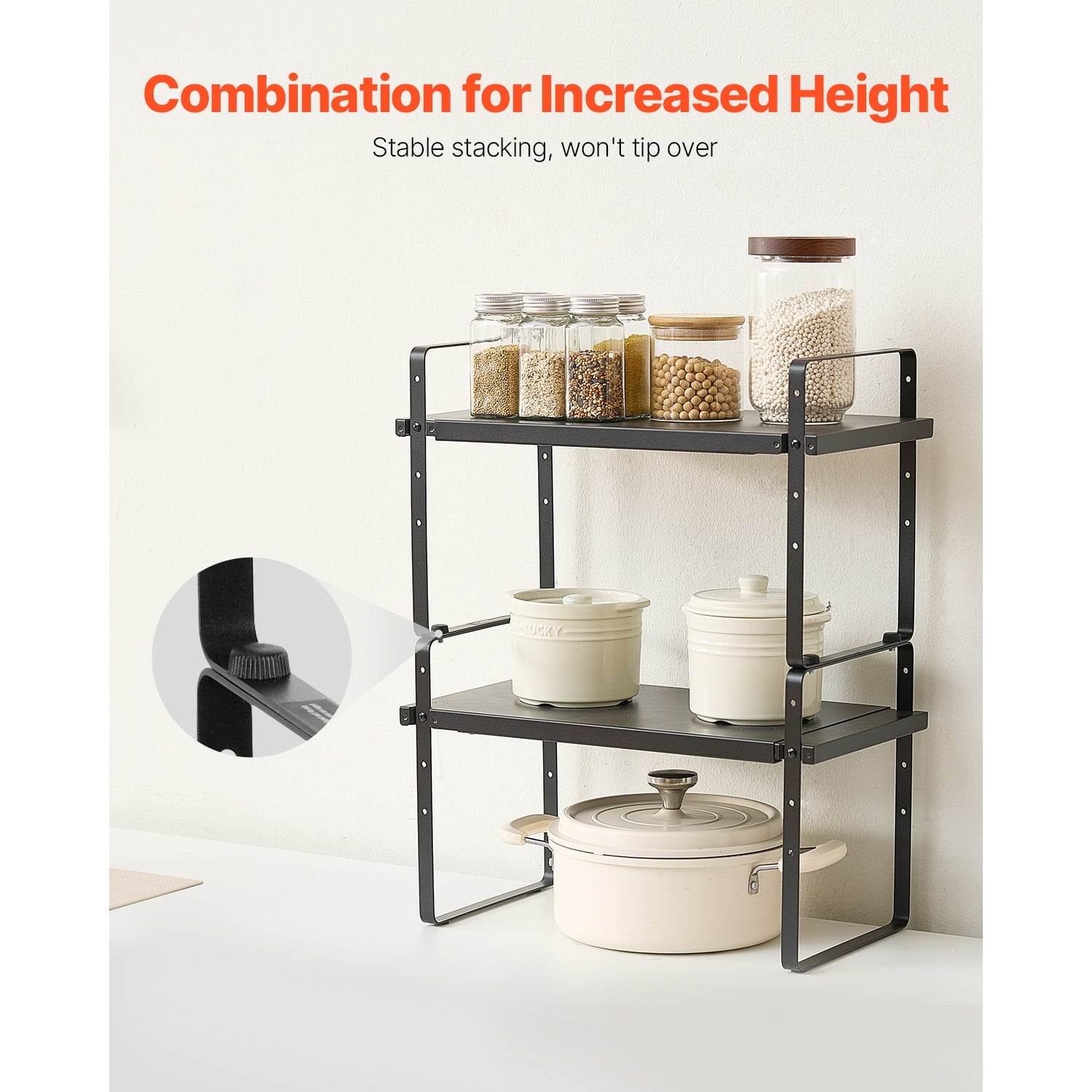 KFFKFF Flexible Kitchen Cabinet Storage, 2 Level Expandable Cabinet Organizer, Stackable Shelf for Countertop Storage, Shelf Elevators for K - Image 4