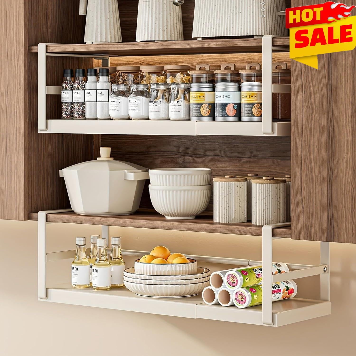 Adjustable Under-Cabinet Storage Basket Organizer, Heavy Duty Shelf for Kitchen Pantry, White - Image 2