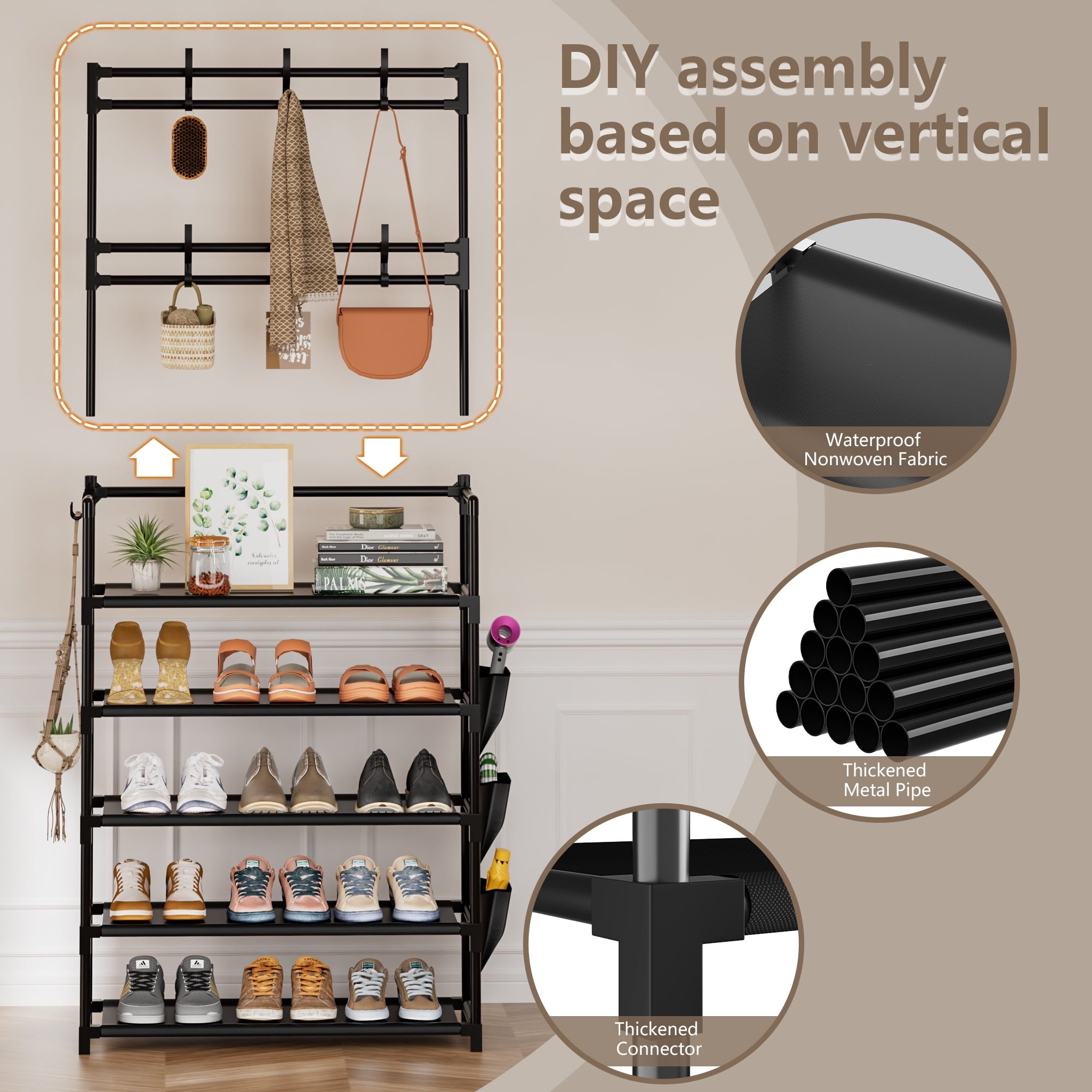 5 Rack with Hooks and Side Pocket Storage 15-20 Pairs Rack for Closet Entrance Rack Organizer Entryway Holder Space S... - Image 3